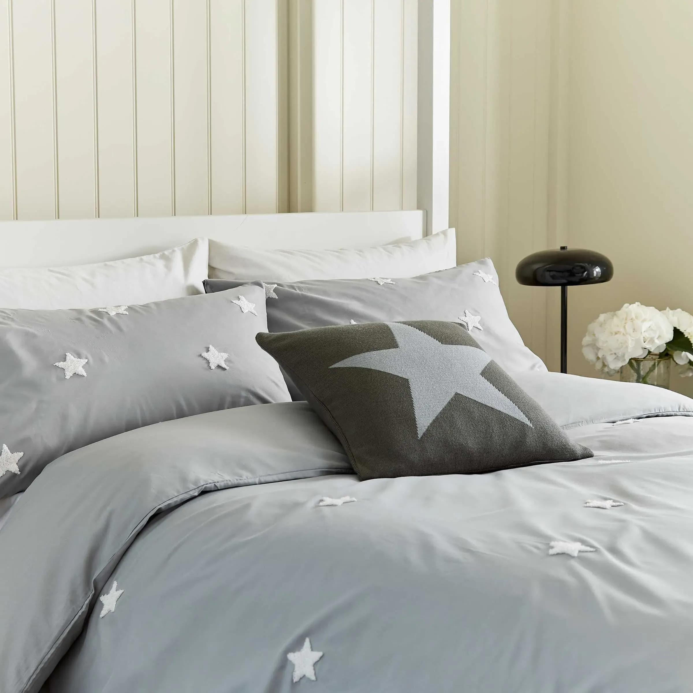 King Size Duvet Cover Set with Tufted Stars - Grey
