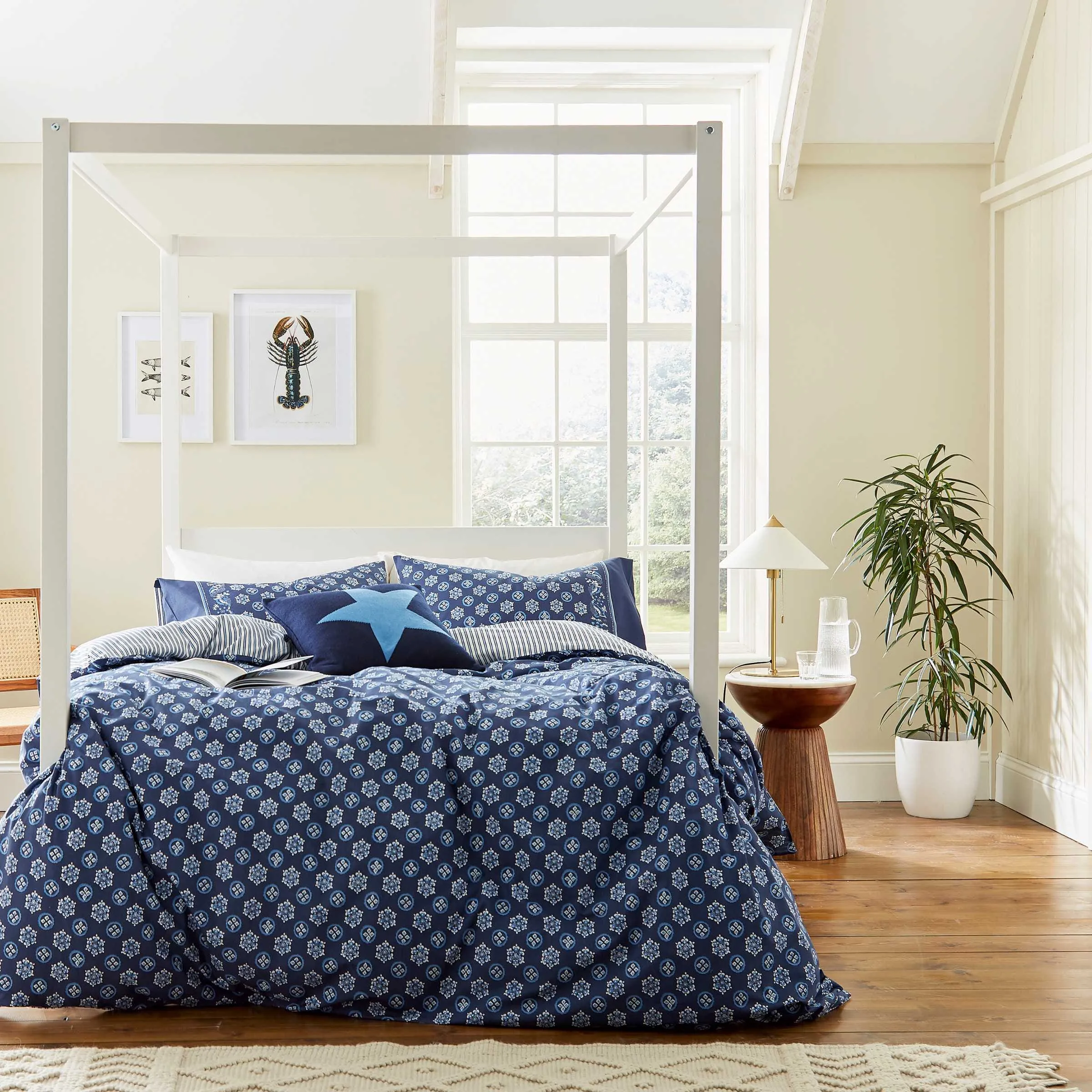 Square Cushion with Star Design - Blue, Knitted