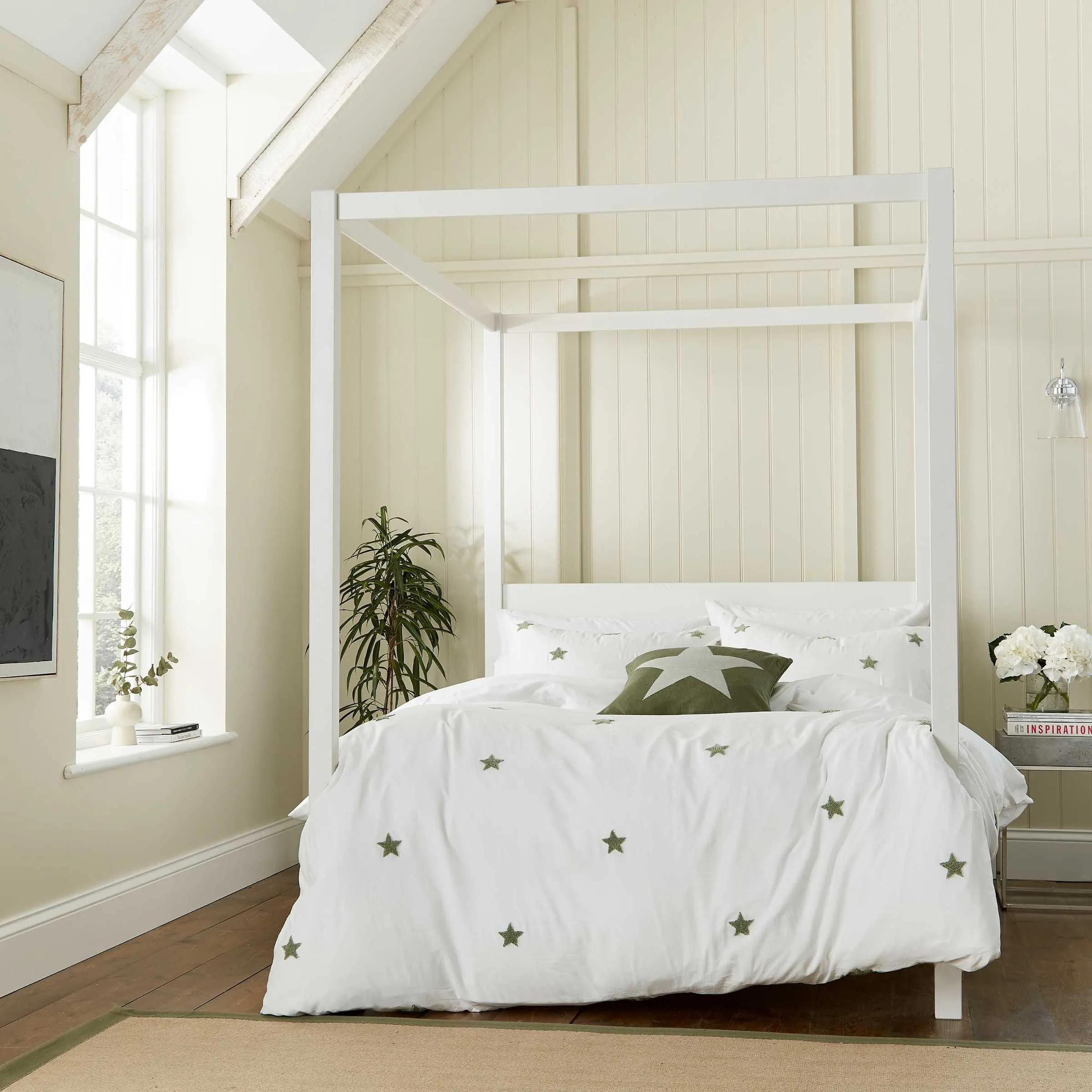 Square Cushion with Star Design - Green, Knitted