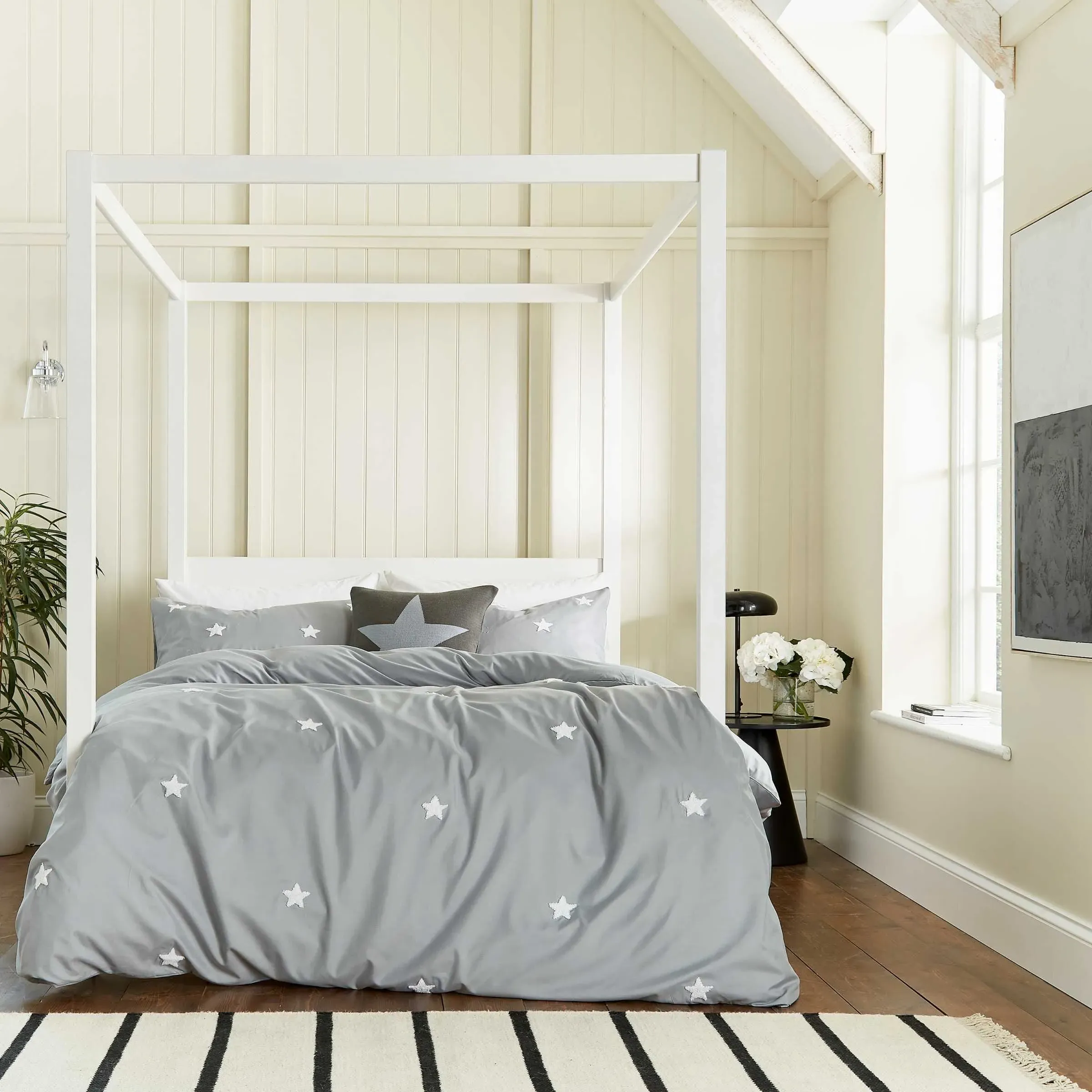 Square Cushion with Star Design - Grey, Knitted