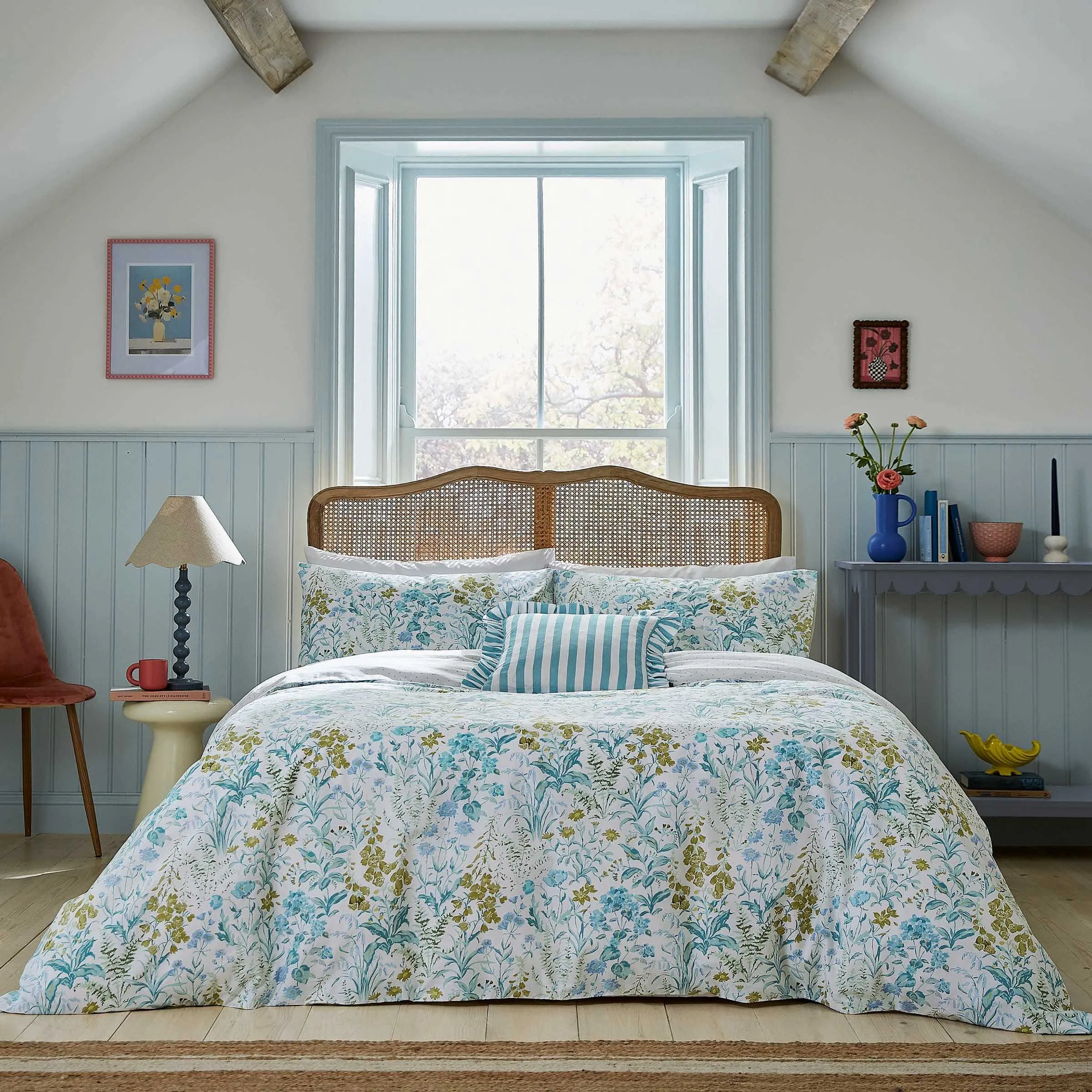 Foxglove Print Single Duvet Cover Set - Aqua, Cotton alternate view
