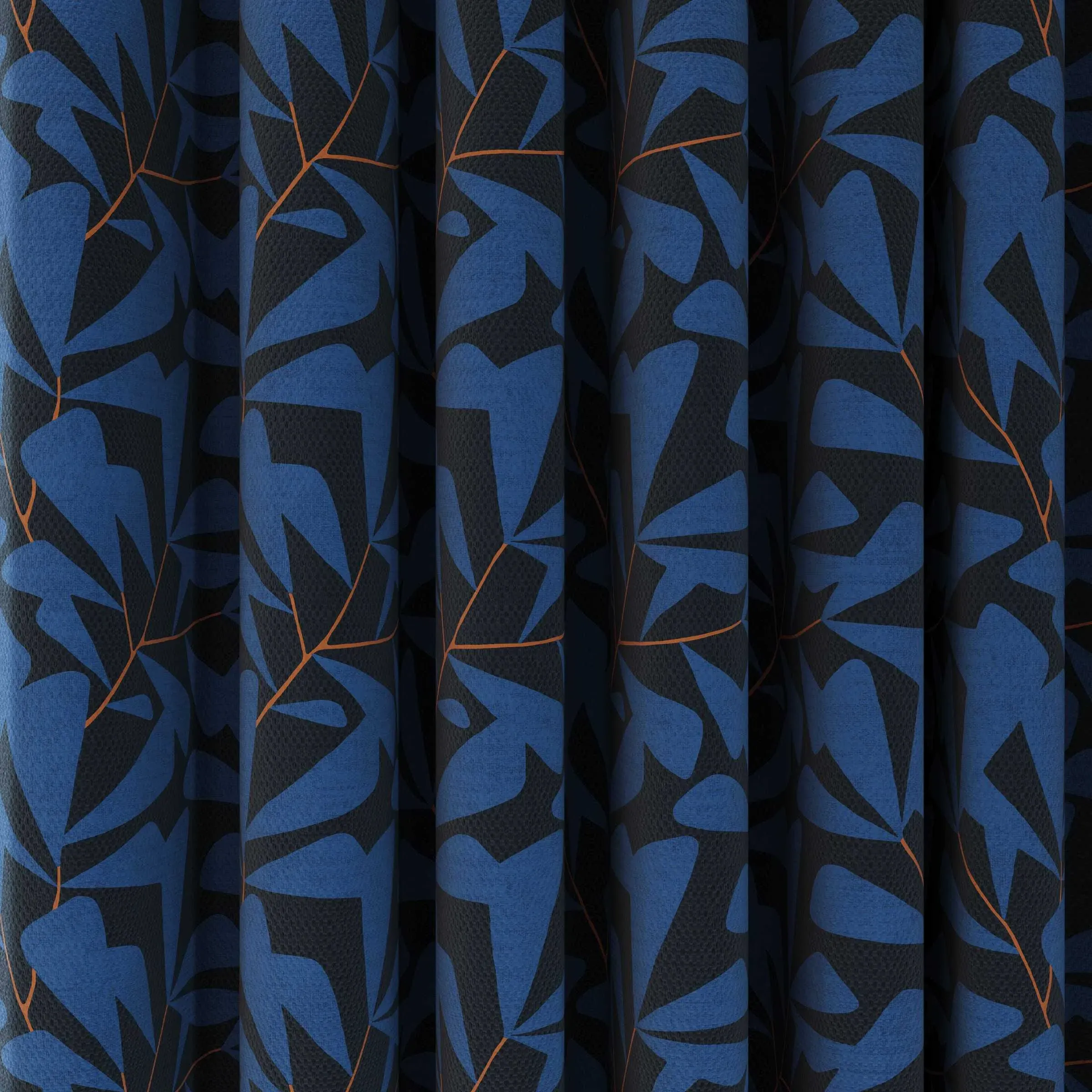 Lined Curtains with Leaf Design - Blue, Cotton
