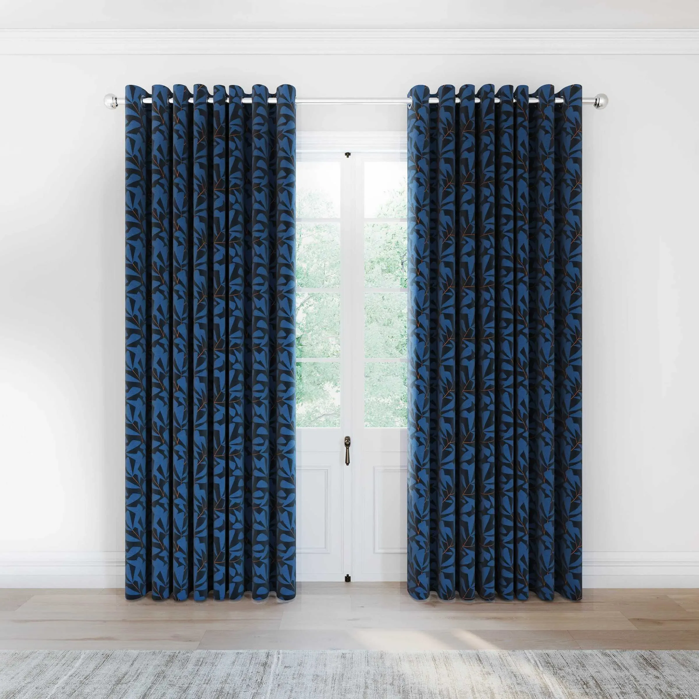 Lined Curtains with Leaf Design - Blue, Cotton