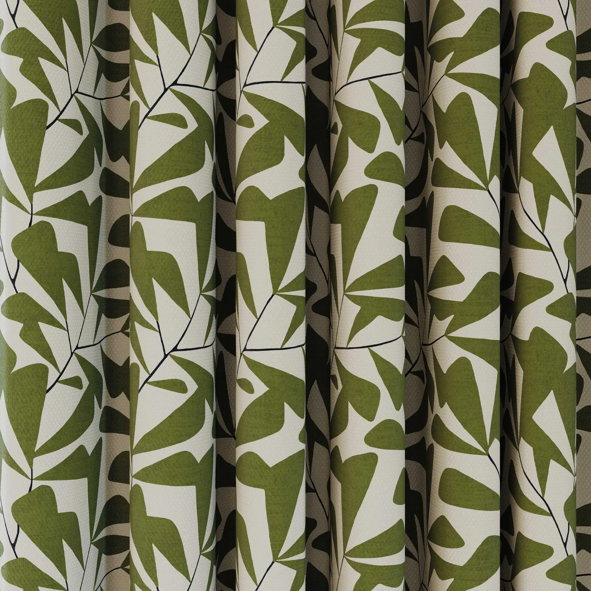 Lined Curtains with Leaf Design - Green, Cotton