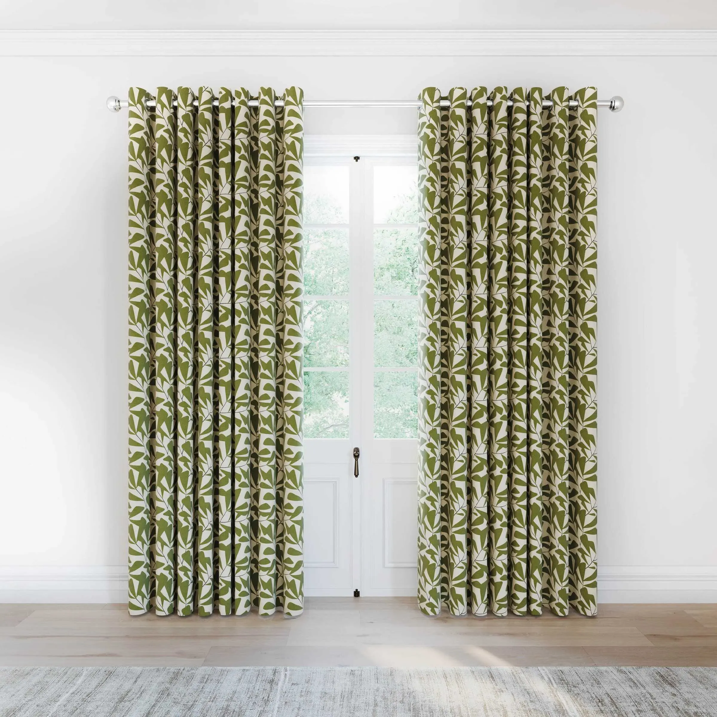 Lined Curtains with Leaf Design - Green, Cotton