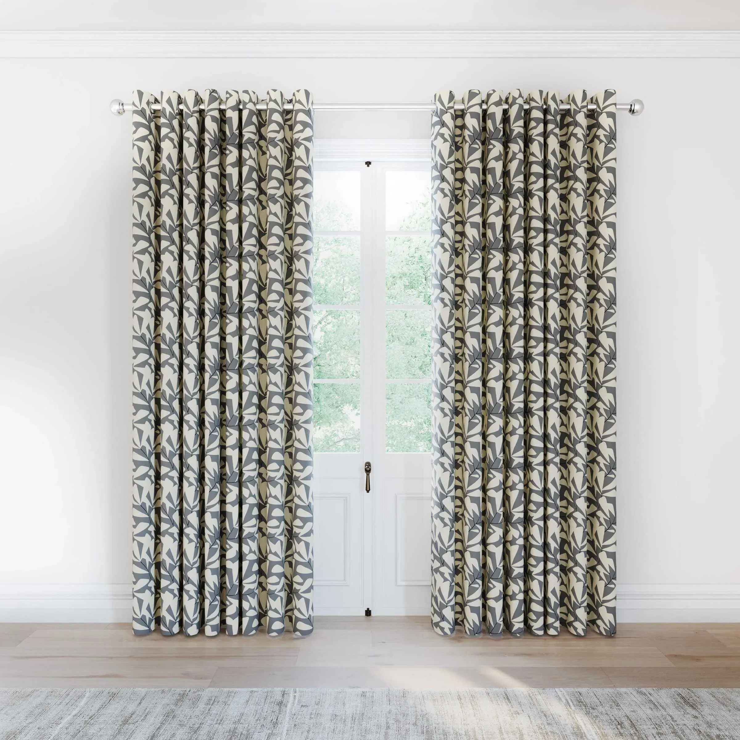 Lined Curtains with Leaf Design - Neutral, Cotton