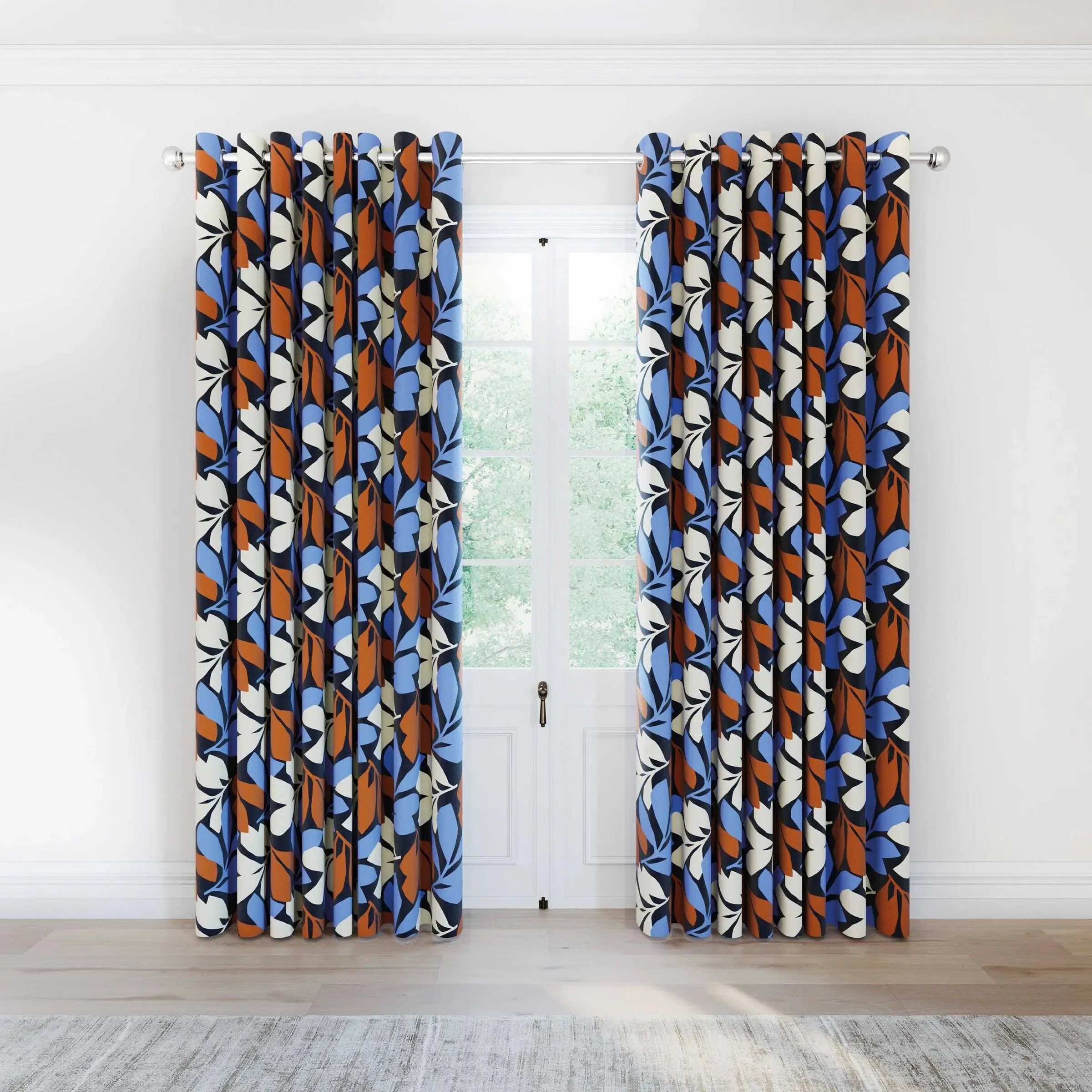 Lined Curtains with Leaf Print - Blue, Cotton