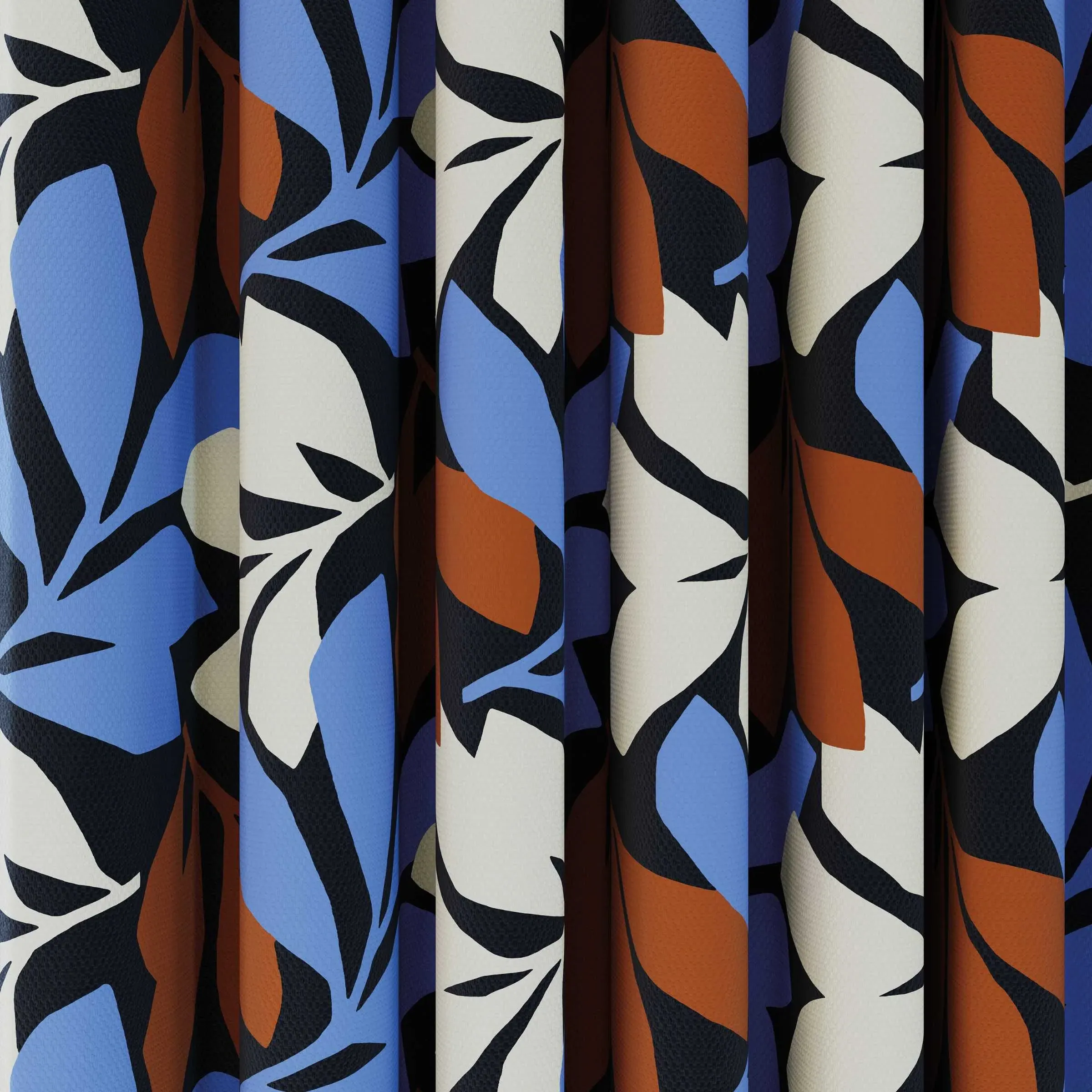 Lined Curtains with Leaf Print - Blue, Cotton