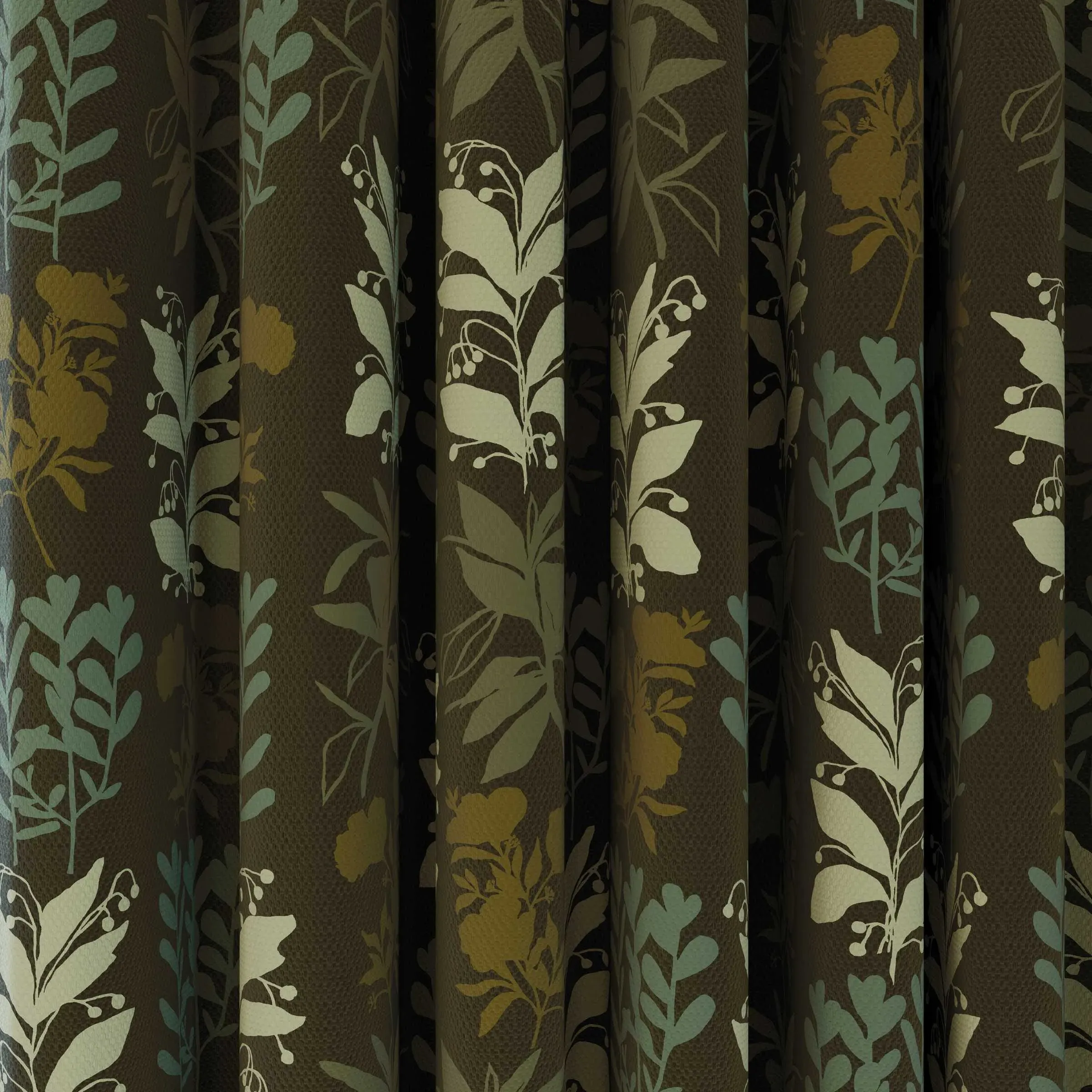 Lined Curtains with Leaf Print - Green, Cotton