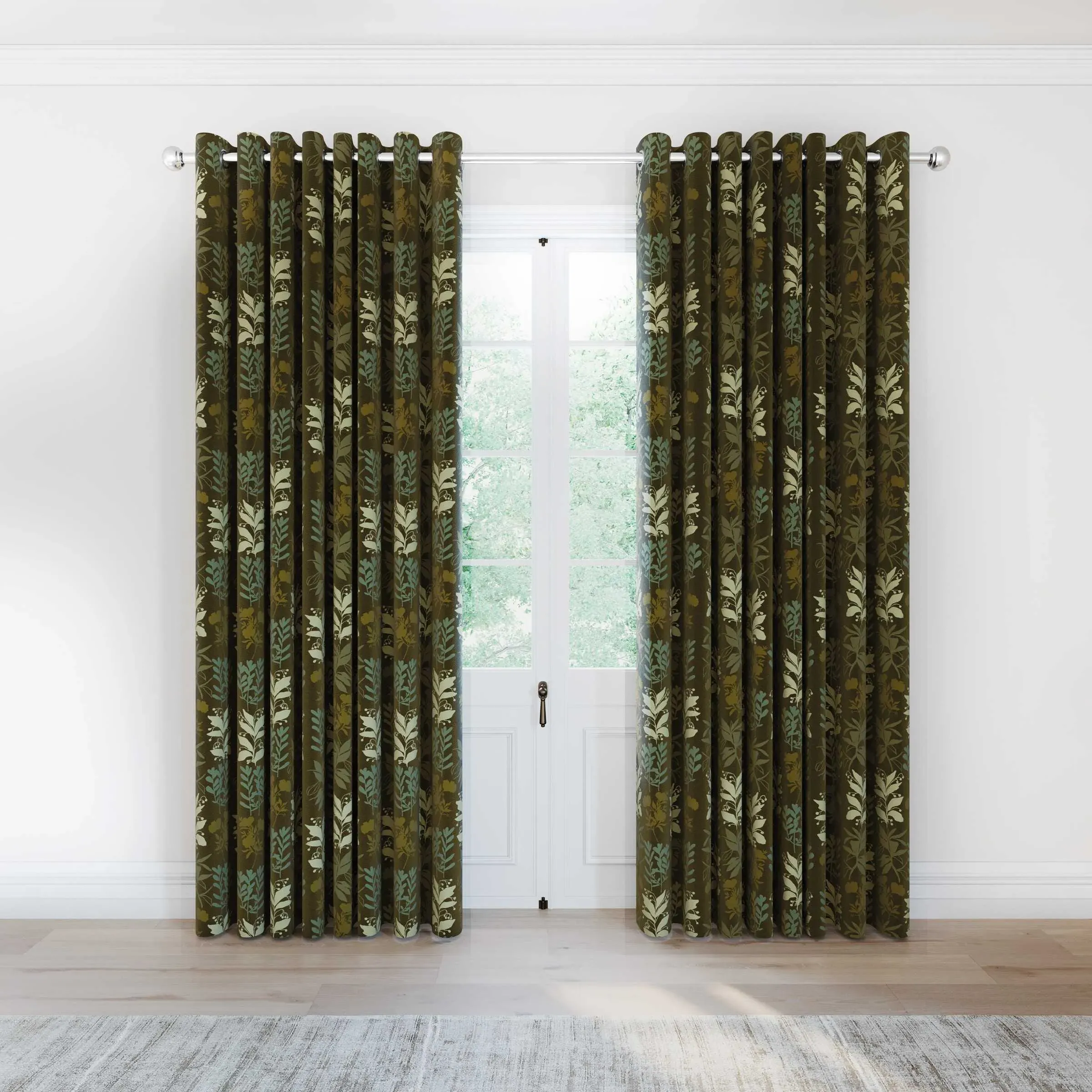 Lined Curtains with Leaf Print - Green, Cotton