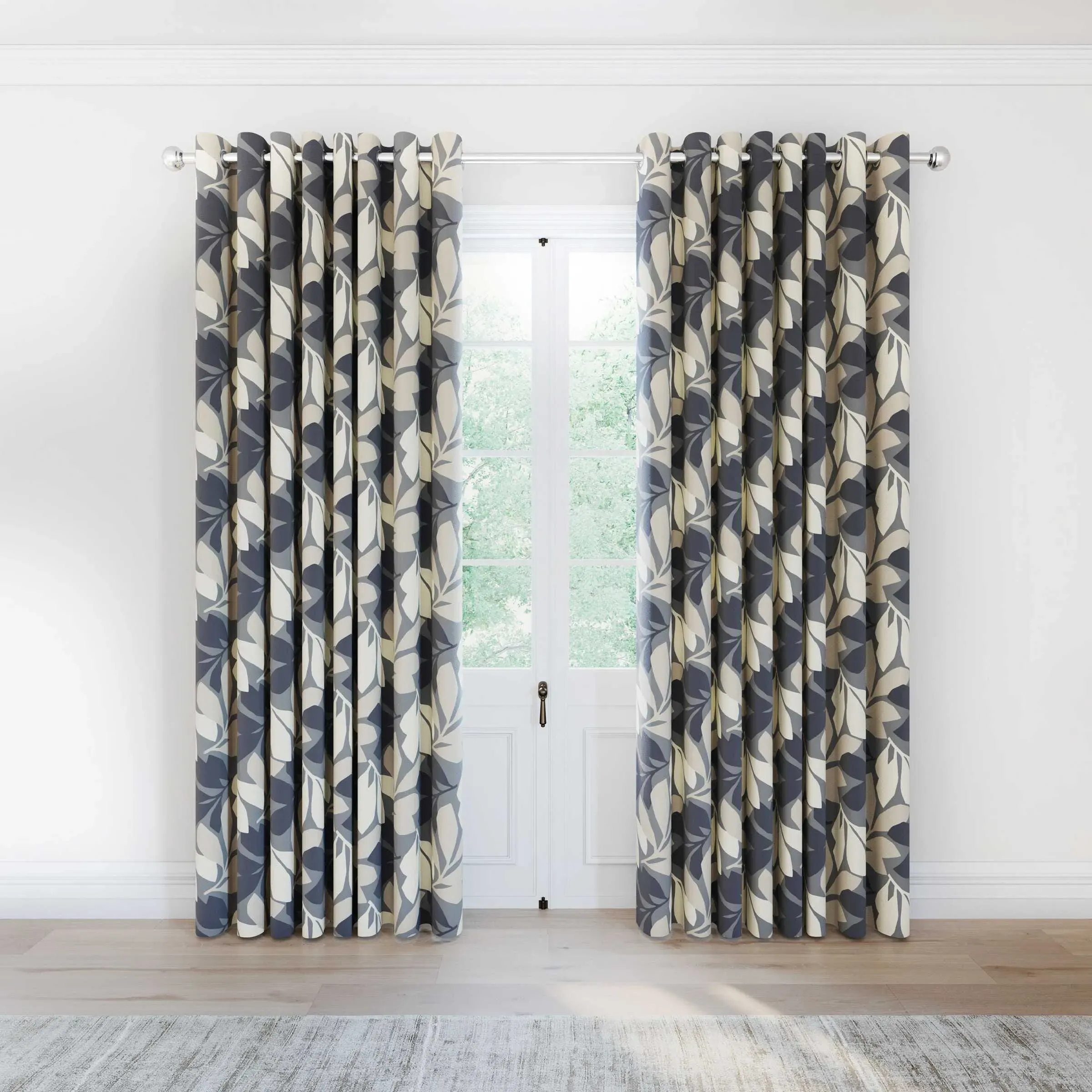 Lined Curtains with Leaf Print - Neutral, Cotton