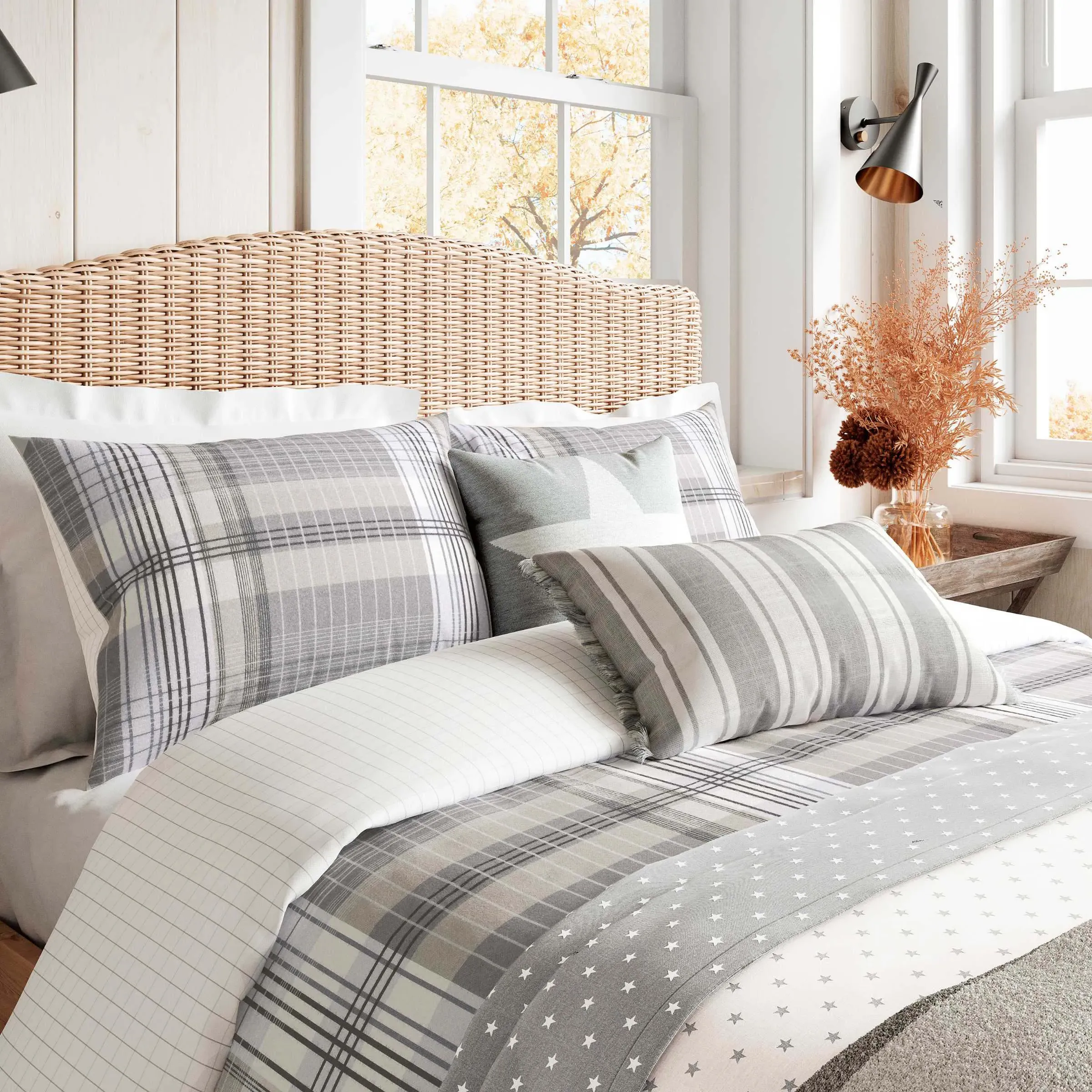 Single Duvet Cover Set with Check - Grey, Cotton image