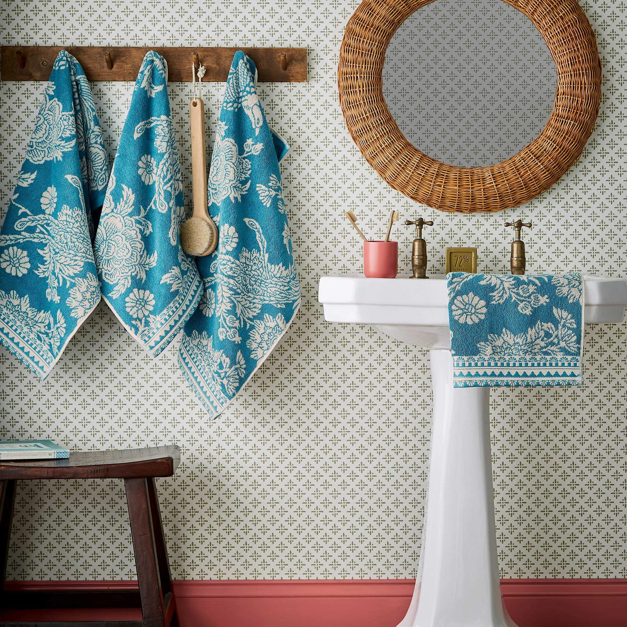 Bath Towel with Floral Print - Teal, Cotton