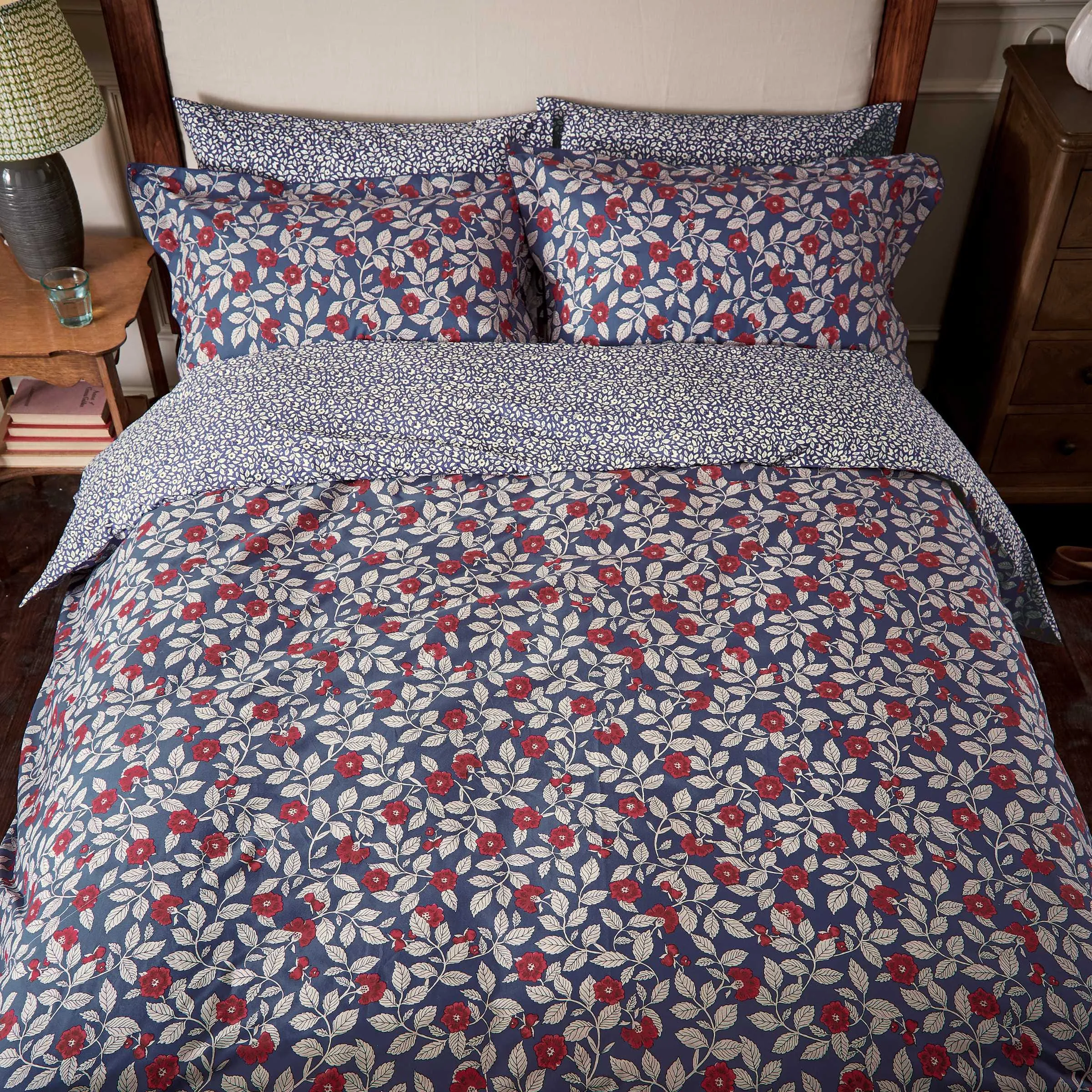 Double Duvet Cover Set Floral - Royal Blue, Cotton