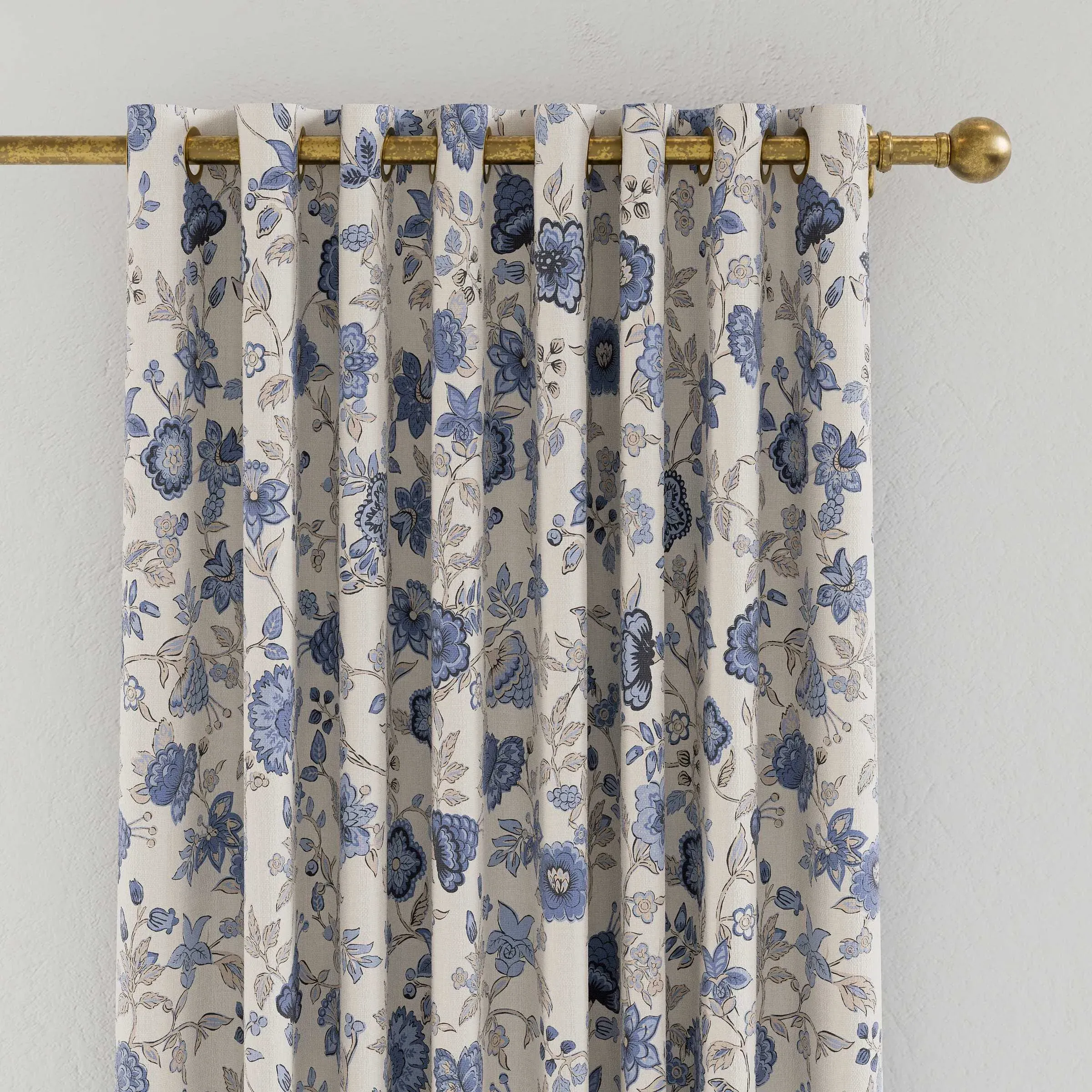 Floral Lined Curtains with Eyelets - Blue, Cotton