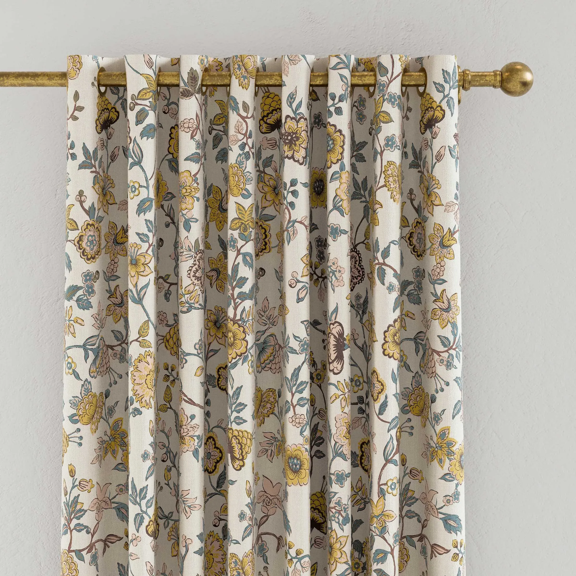 Floral Lined Curtains with Eyelets - Teal, Cotton