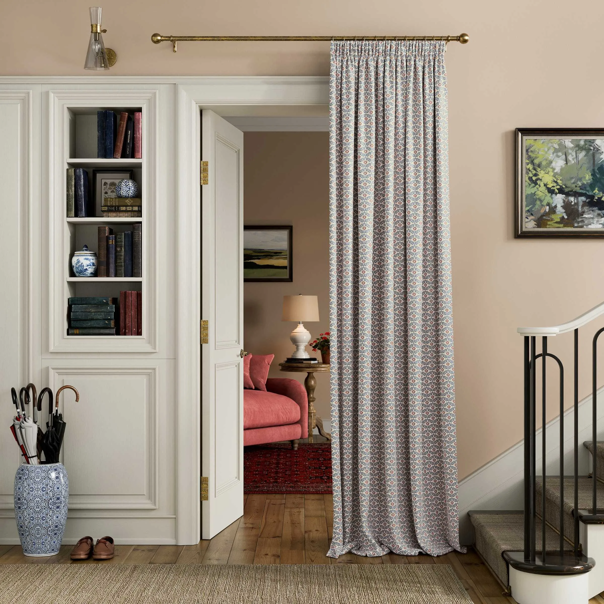 Floral Lined Curtains with Pencil Pleat - Blue