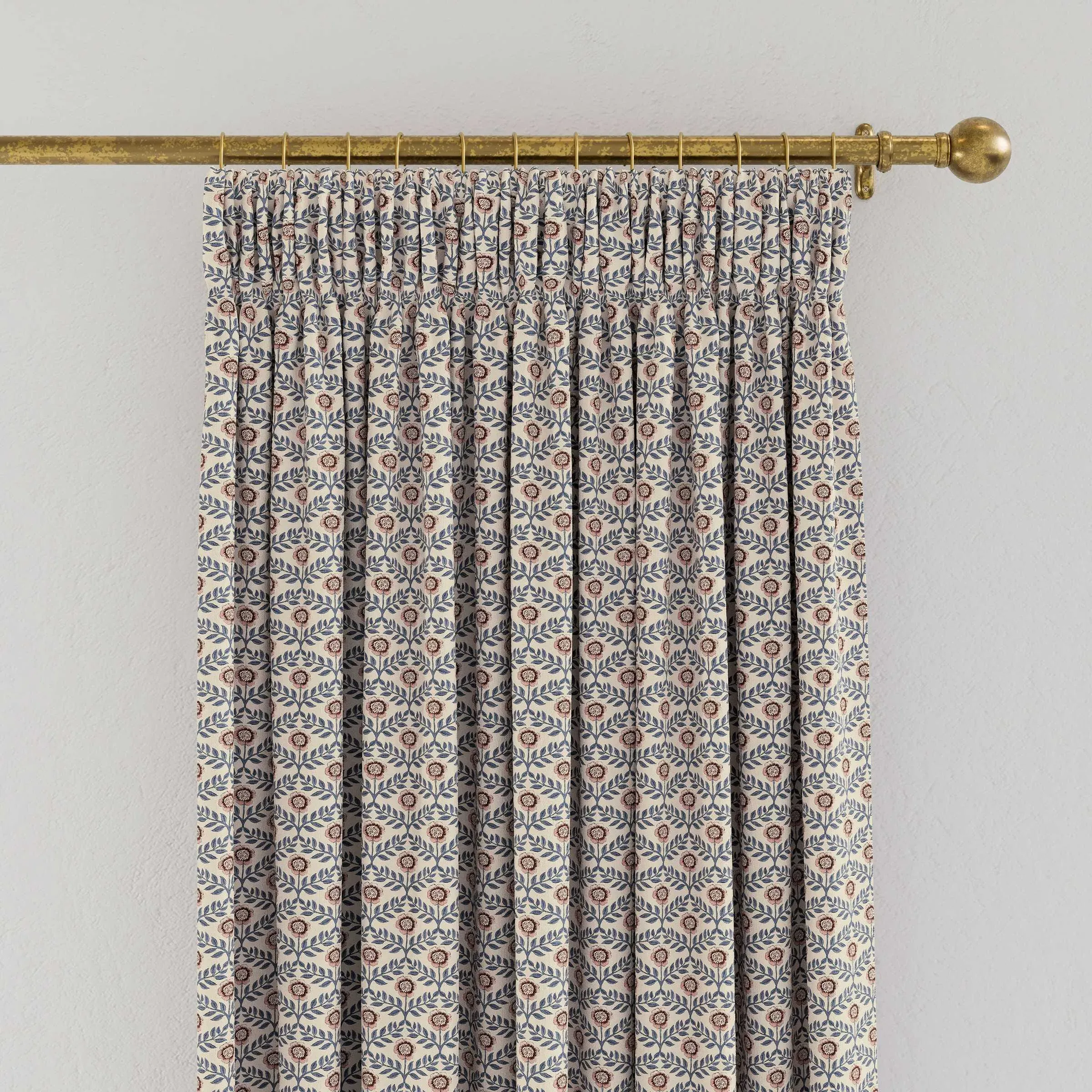 Floral Lined Curtains with Pencil Pleat - Blue image
