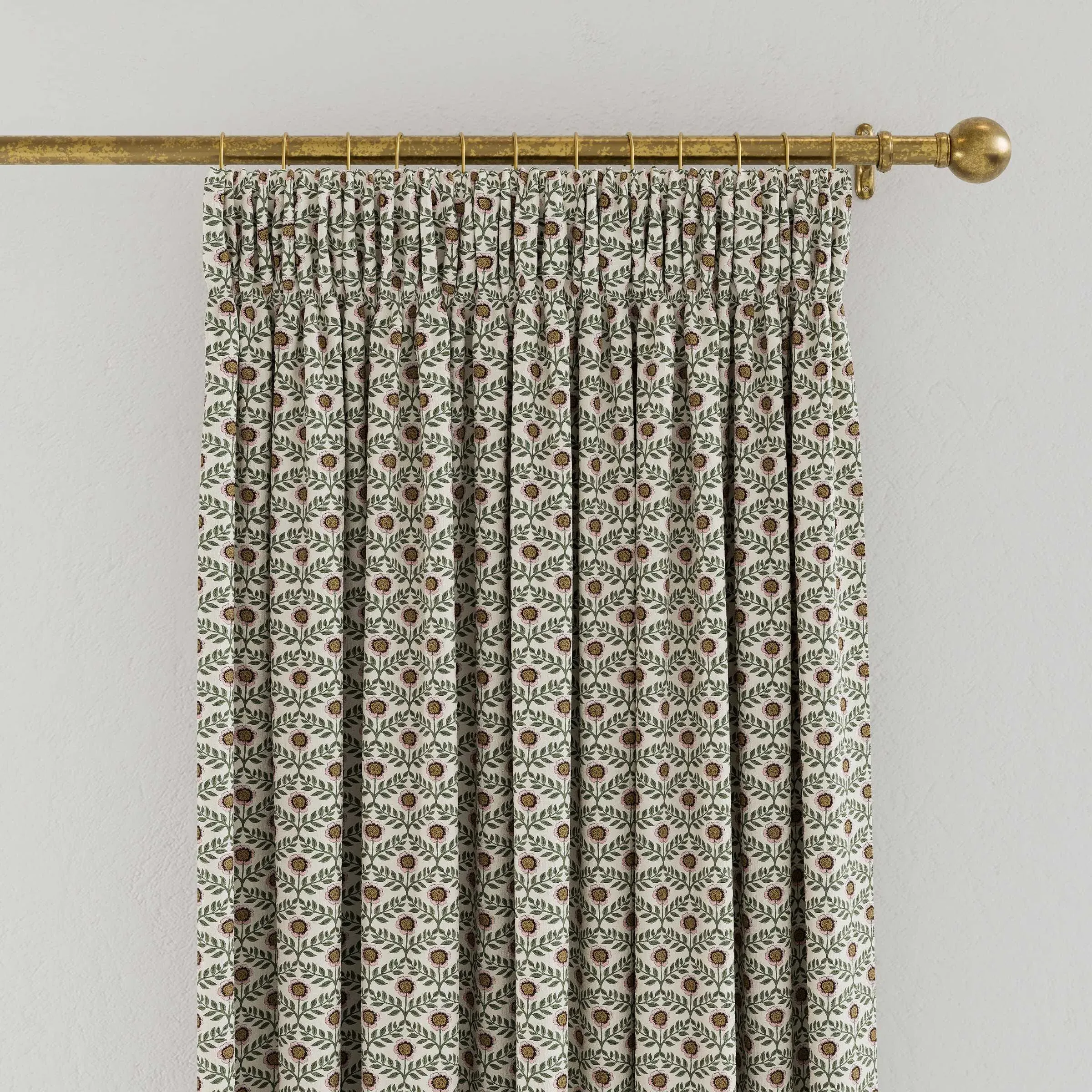 Floral Lined Curtains with Pencil Pleat - Creme