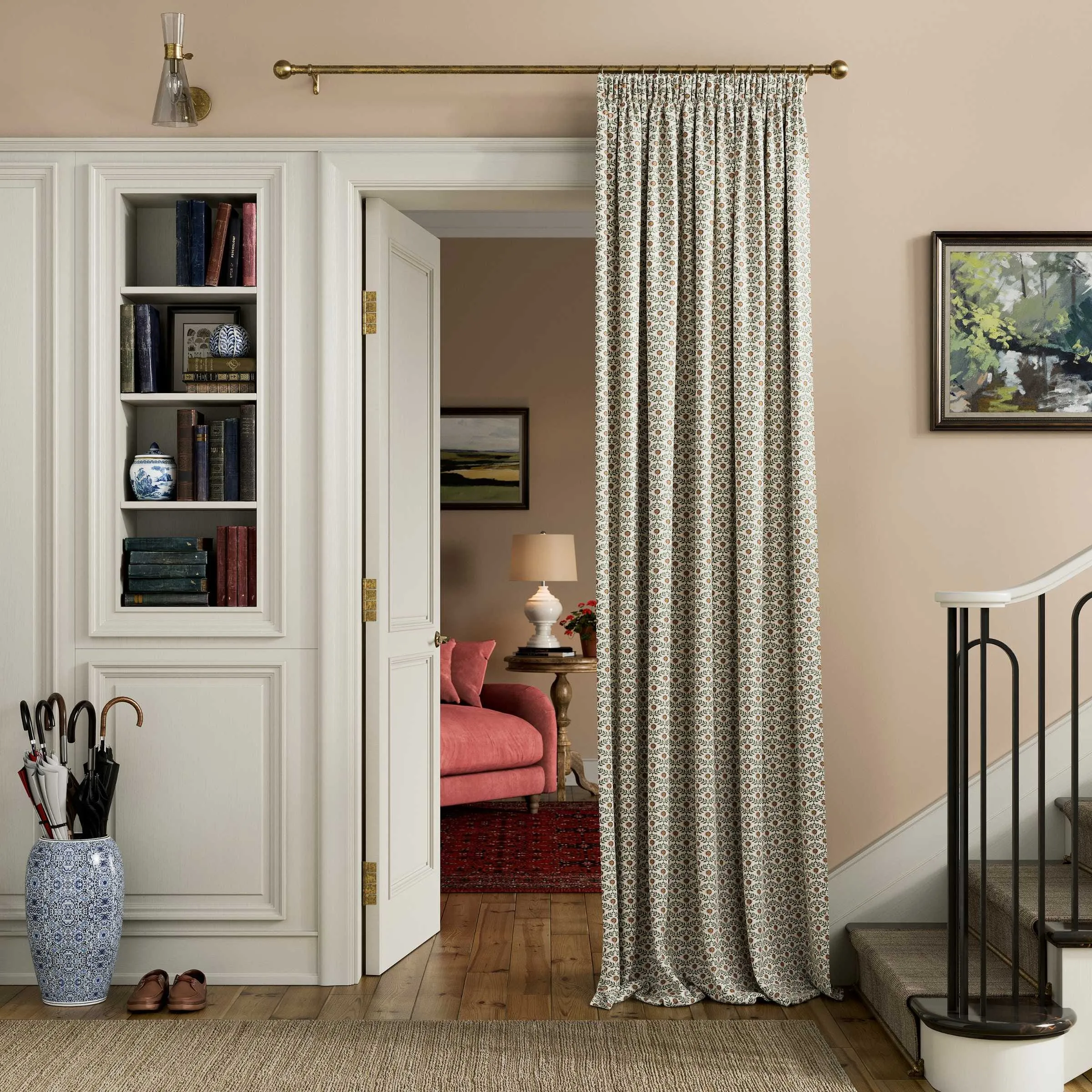 Floral Lined Curtains with Pencil Pleat - Green