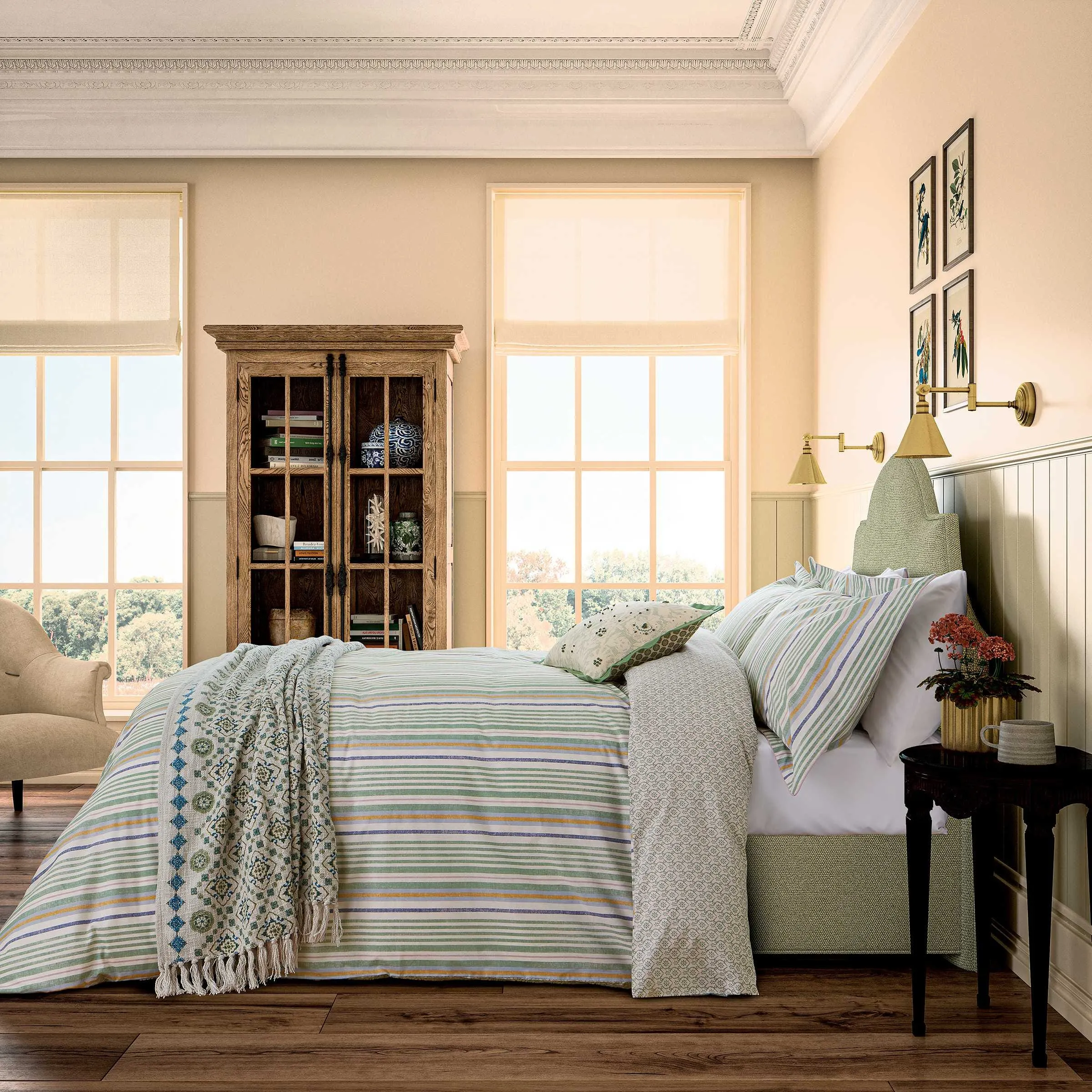 King Size Duvet Cover Set Striped - Green, Cotton