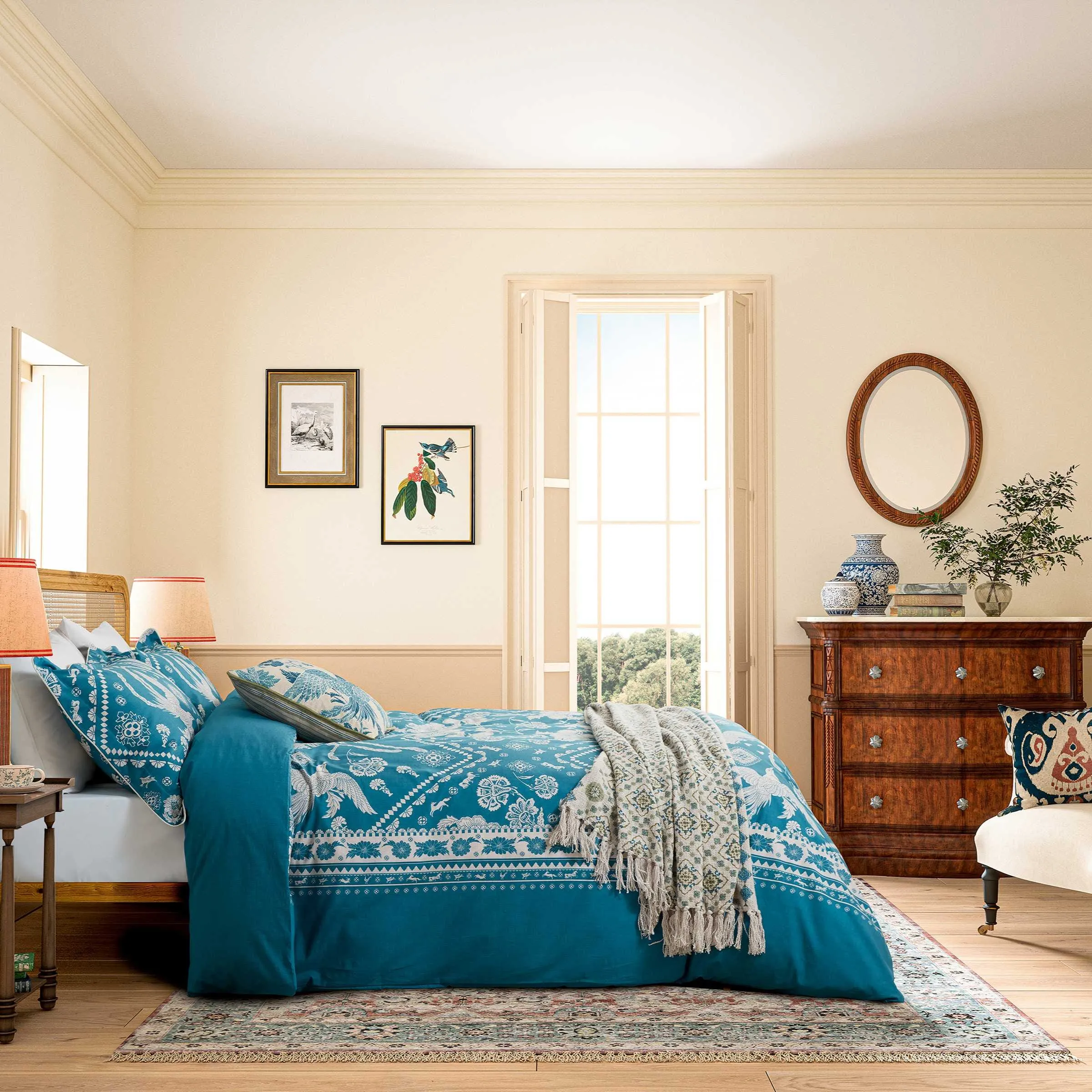 King Size Duvet Set with Print - Blue, Cotton