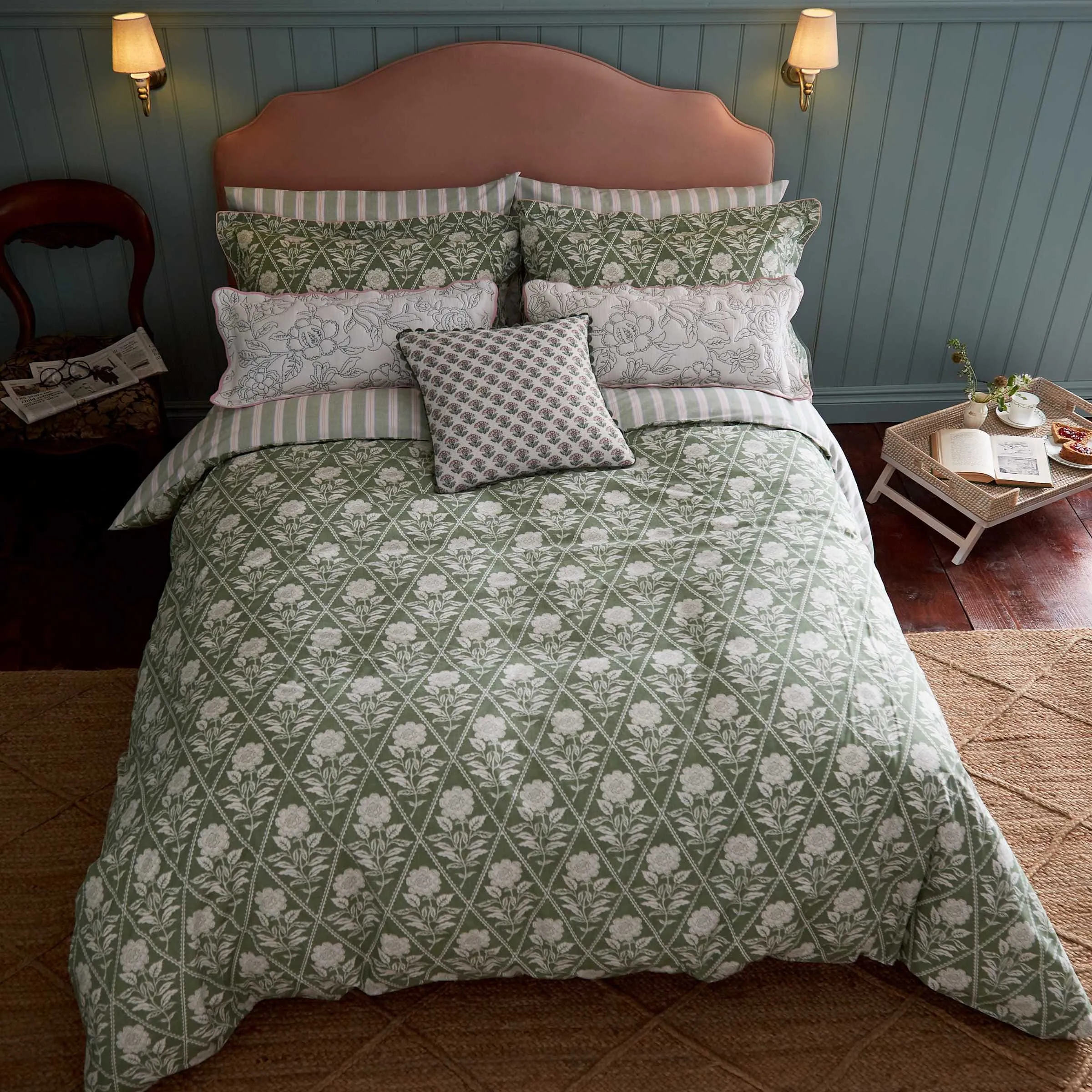 Single Duvet Cover Set Floral - Green, Cotton image