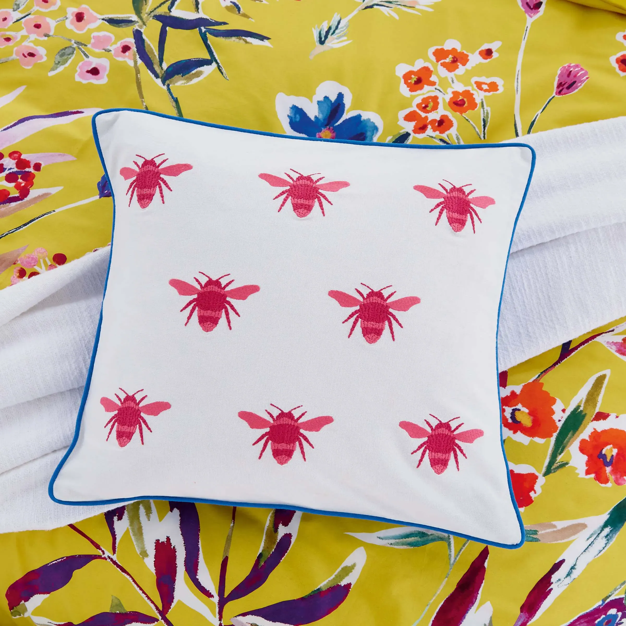 Square Cushion with Embroidery - Blue, Cotton