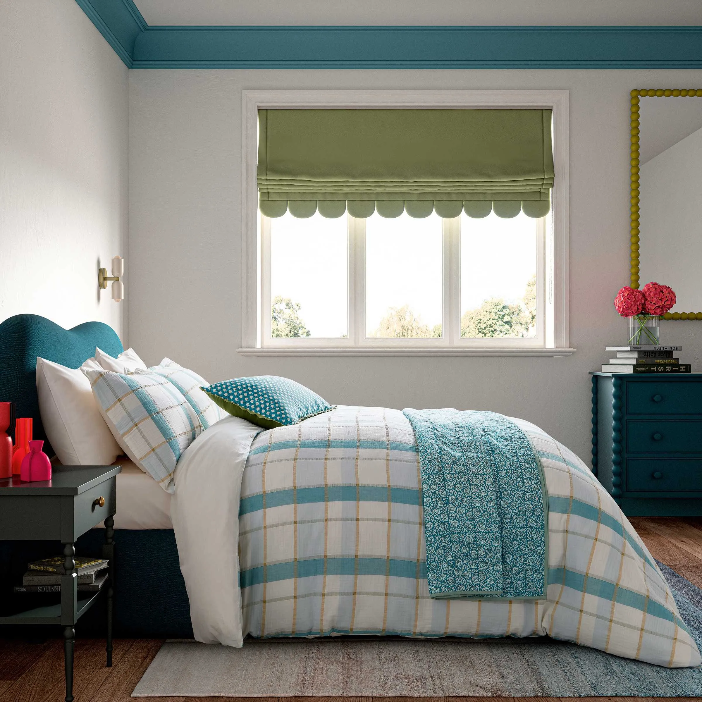 Double Duvet Cover Set Check - Green, Cotton