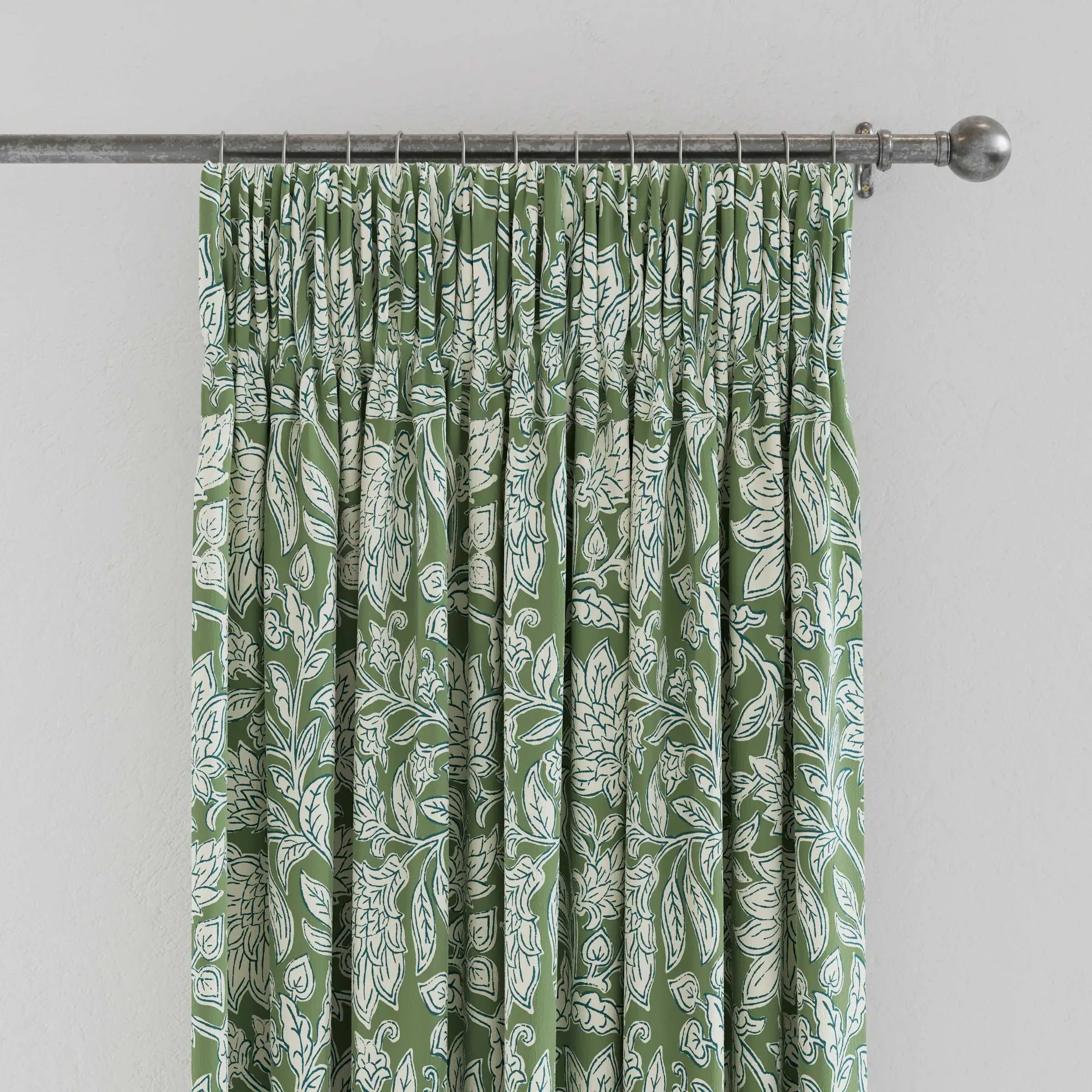 Lined Curtains with Pencil Pleat - Green, Cotton