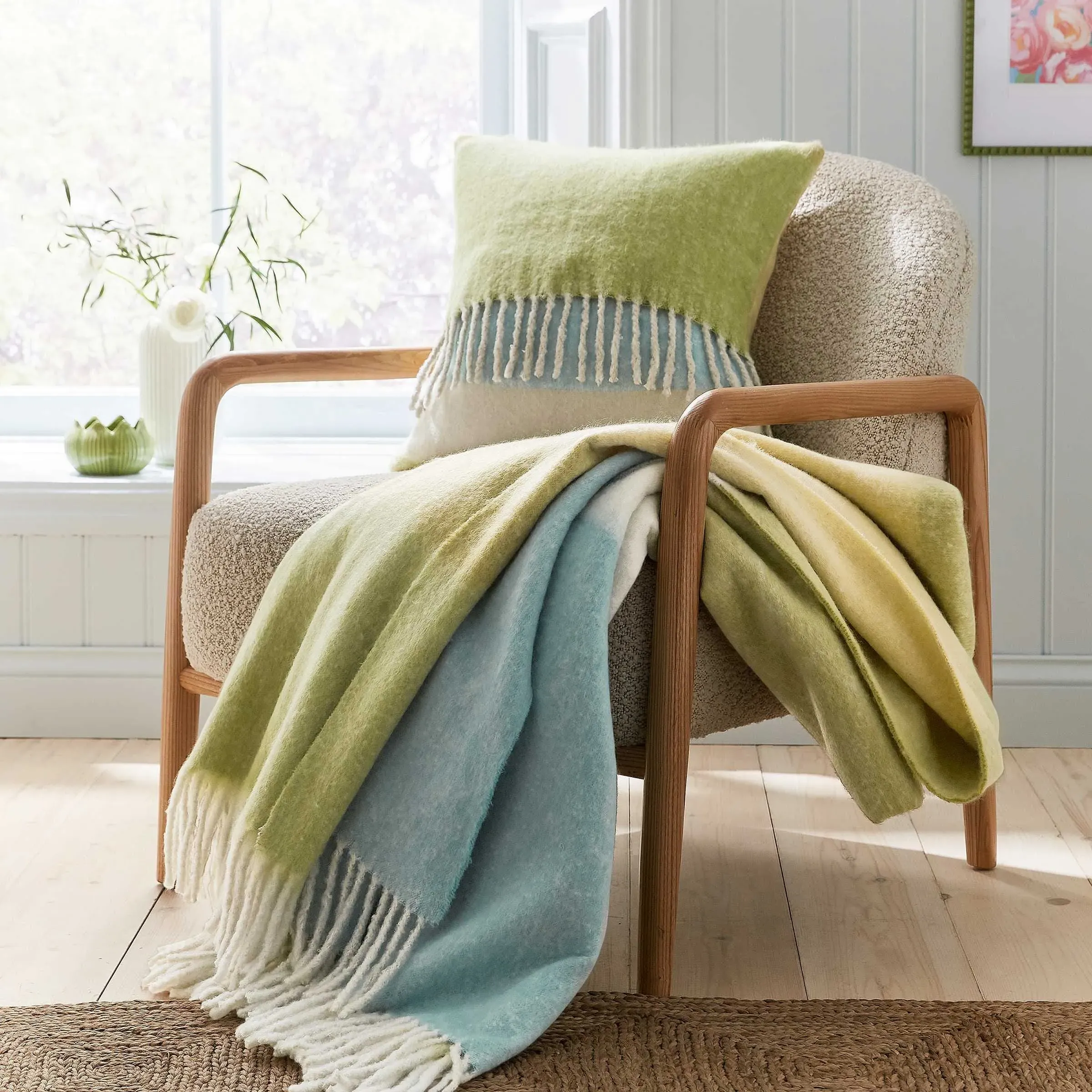 Square Landscape Cushion with Fringe - Green