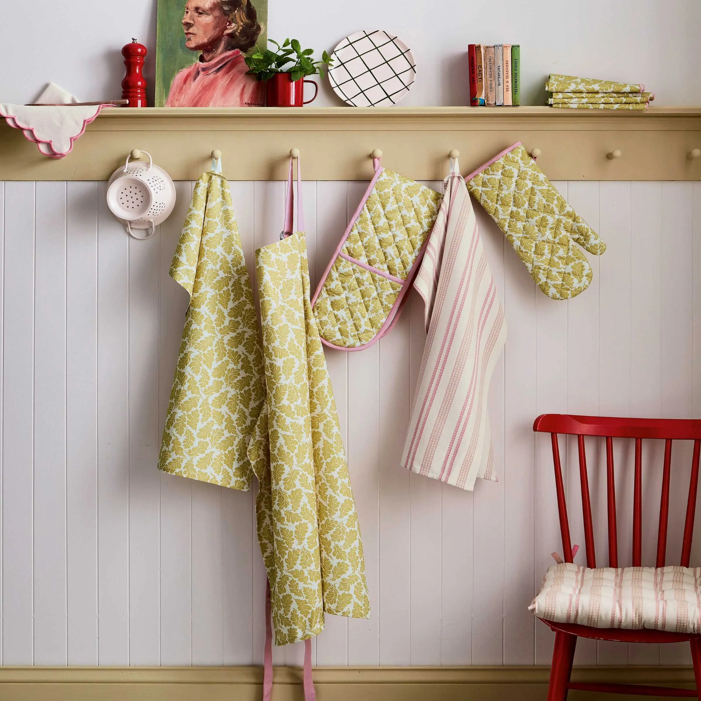Ticking Stripe & Oak Leaf Tea Towels - Multi, Cotton alternate view