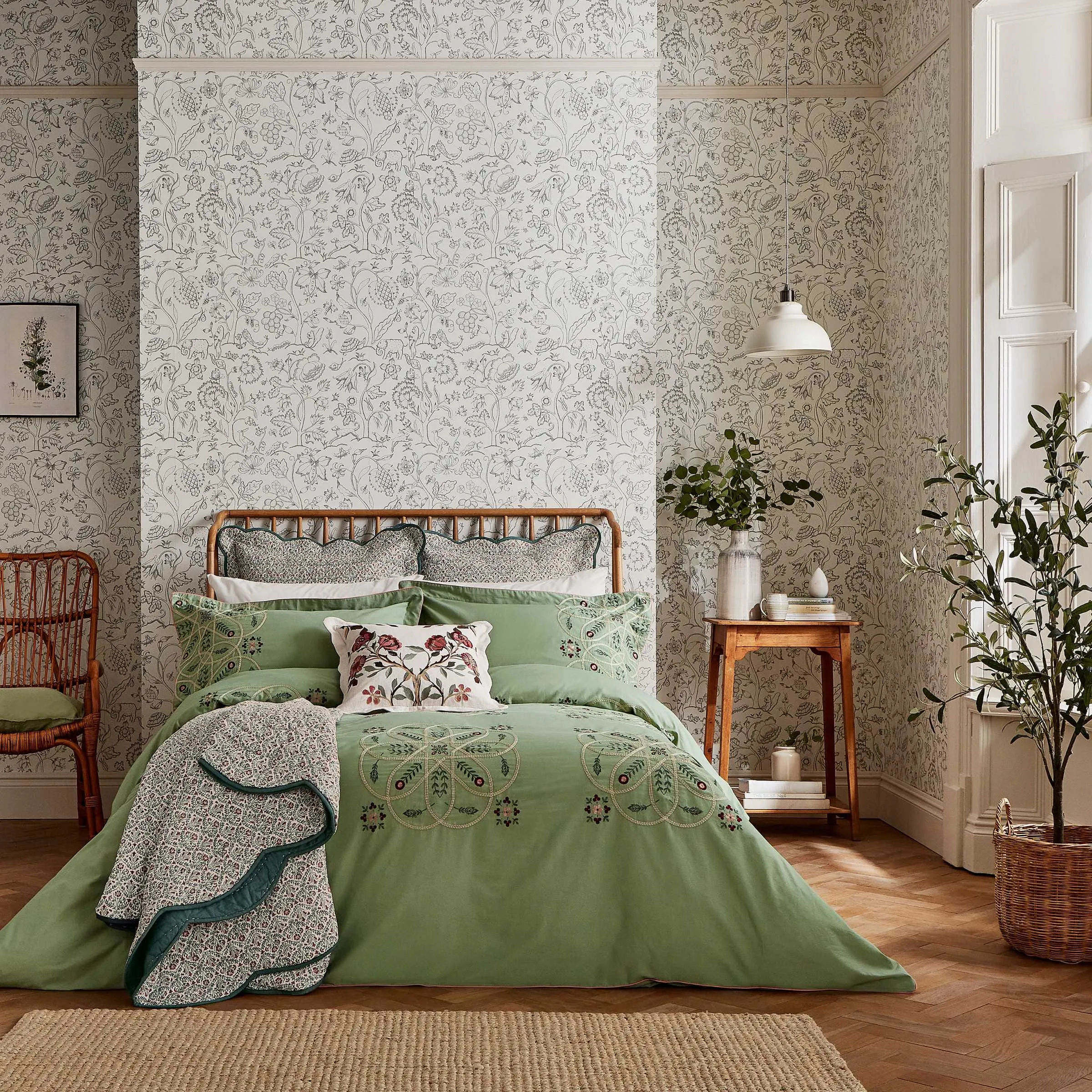 Brophy Embroidery Double Duvet Cover Set - Green, Cotton Percale alternate view