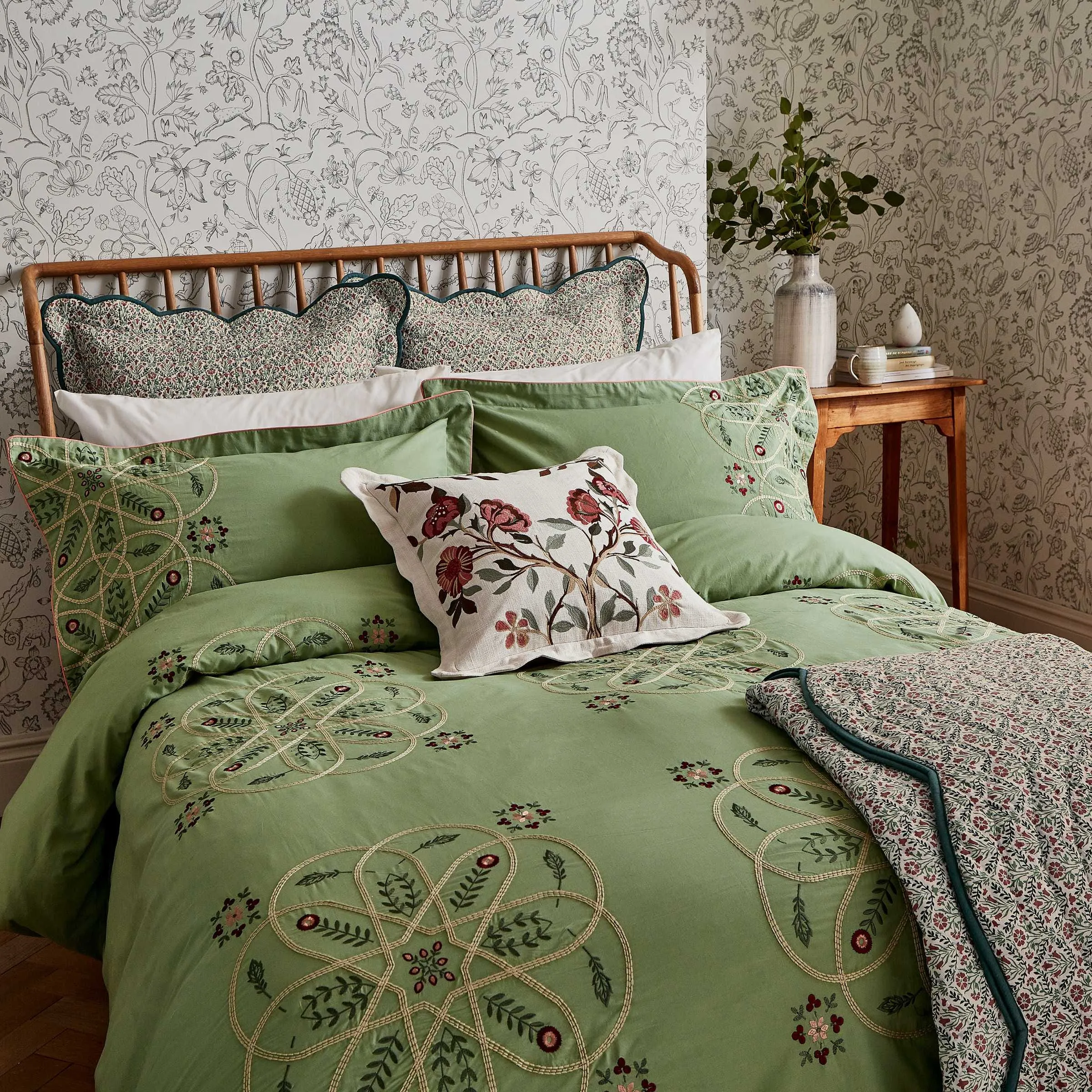 Brophy Embroidery Double Duvet Cover Set - Green, Cotton Percale product
