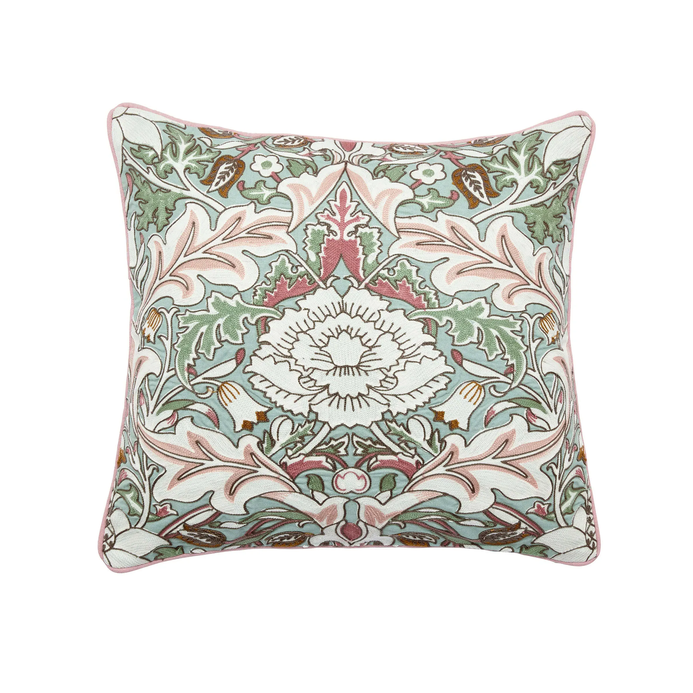 Embroidered Cushion with Damask Design - Pink