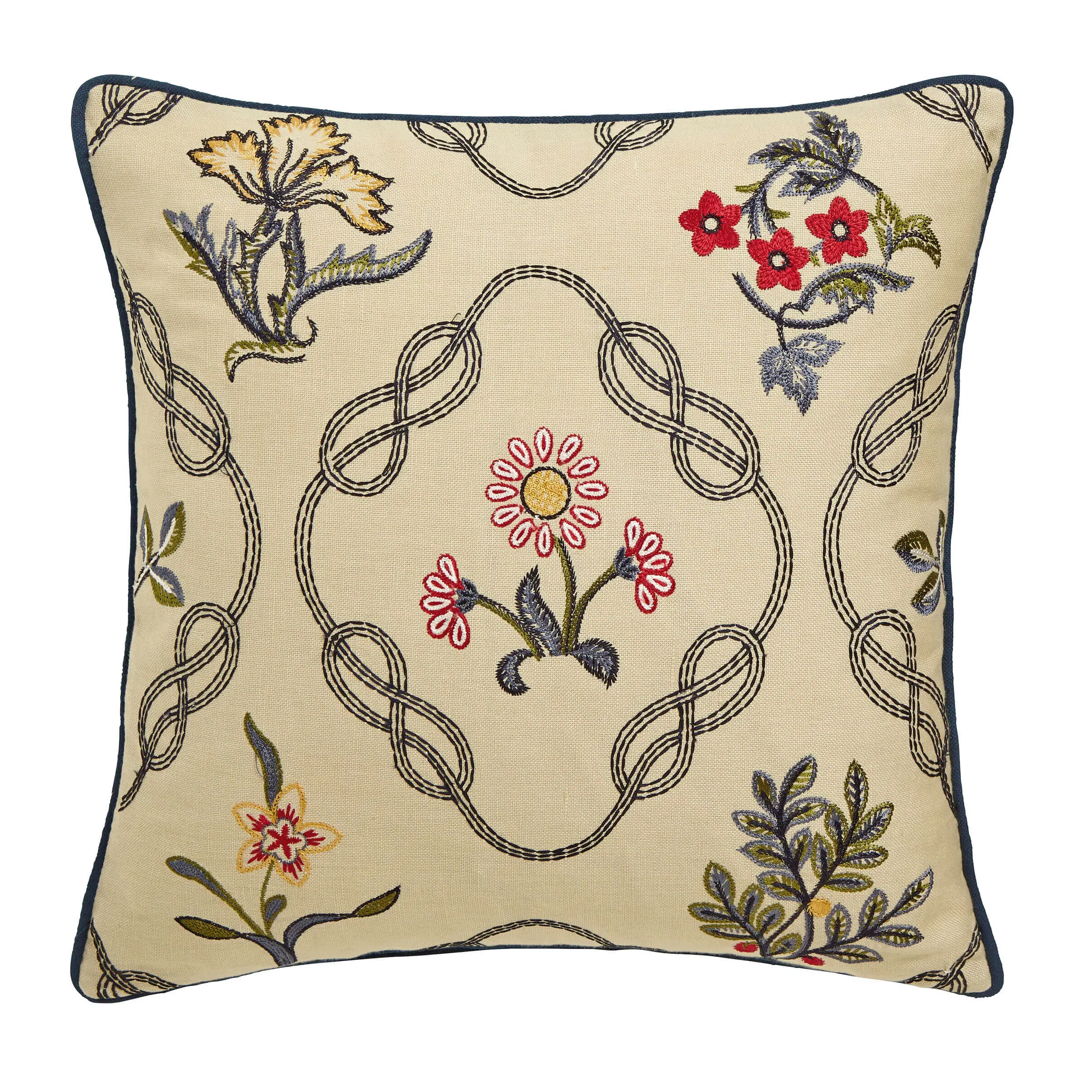 Embroidered Cushion with Piping - Indigo, Linen image