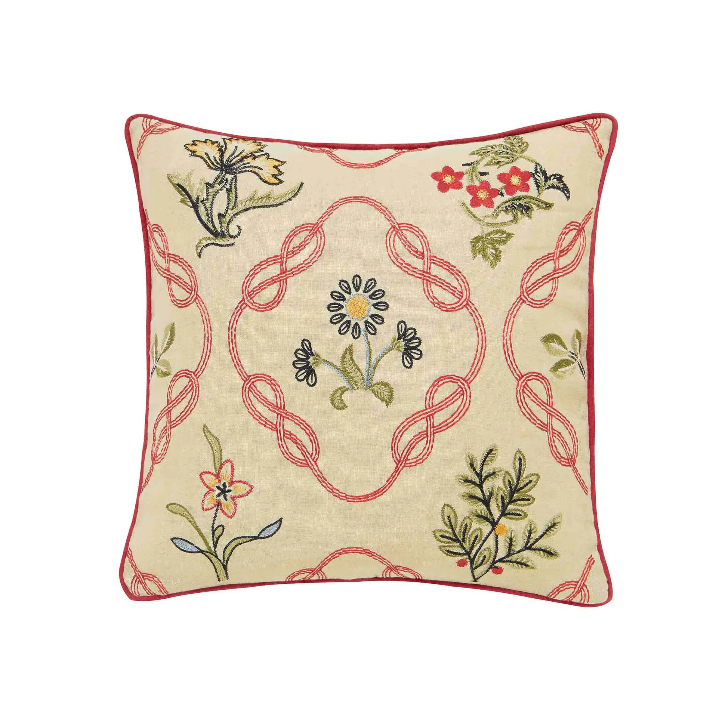 Embroidered Trellis Cushion - Crimson, Linen