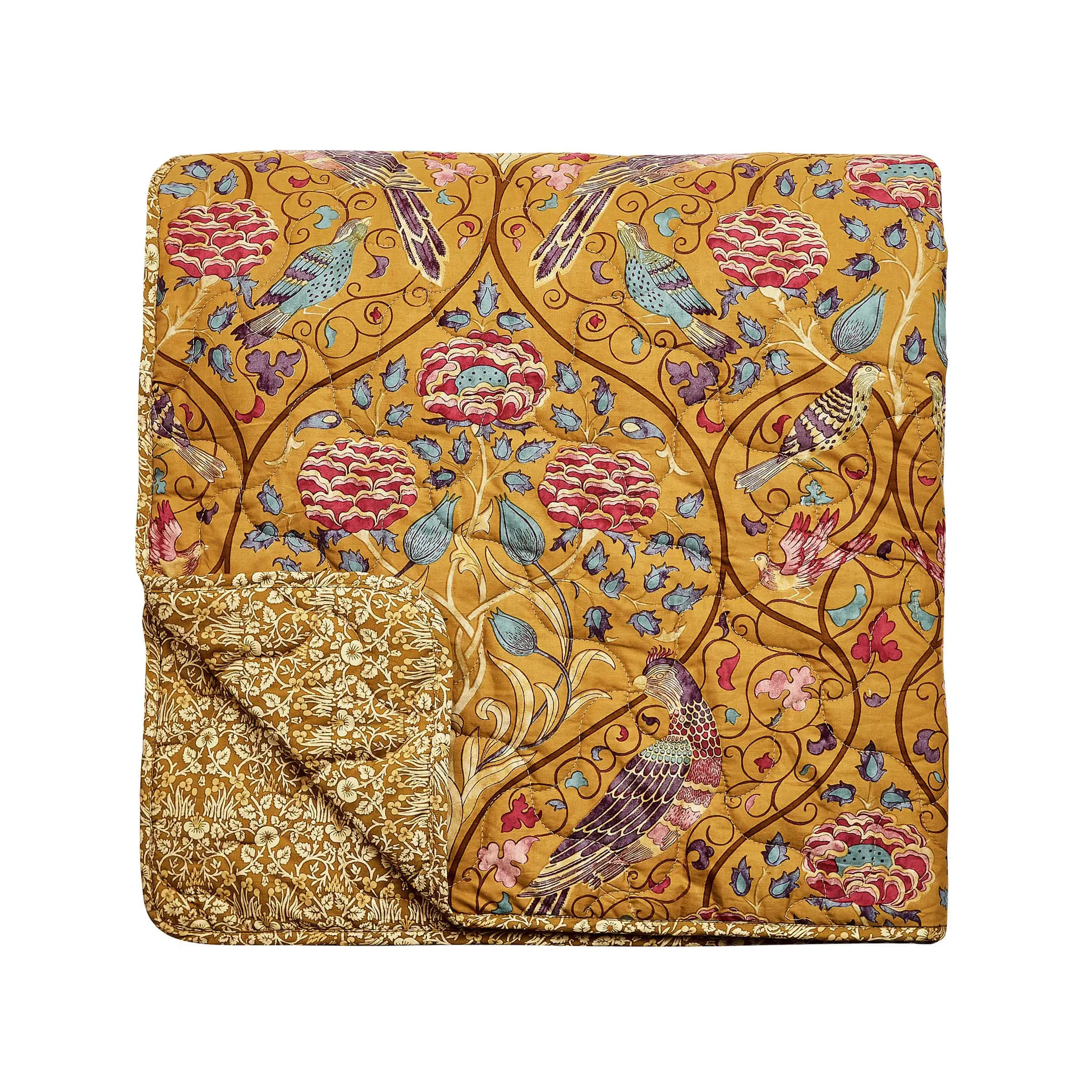Quilted Throw with Botanical Print - Saffron, Cotton
