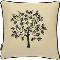 Square Cushion with Tree Embroidery - Black, Cotton