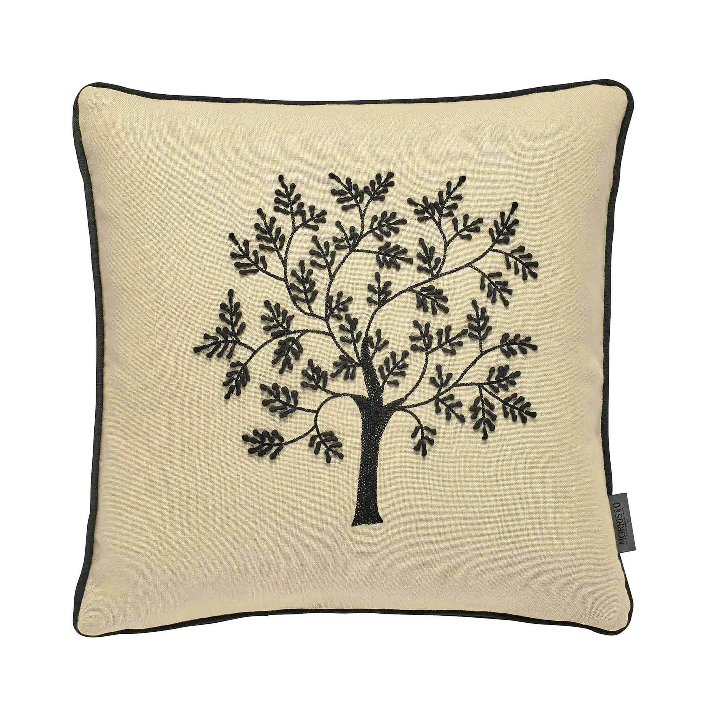 Square Cushion with Tree Embroidery - Black, Cotton
