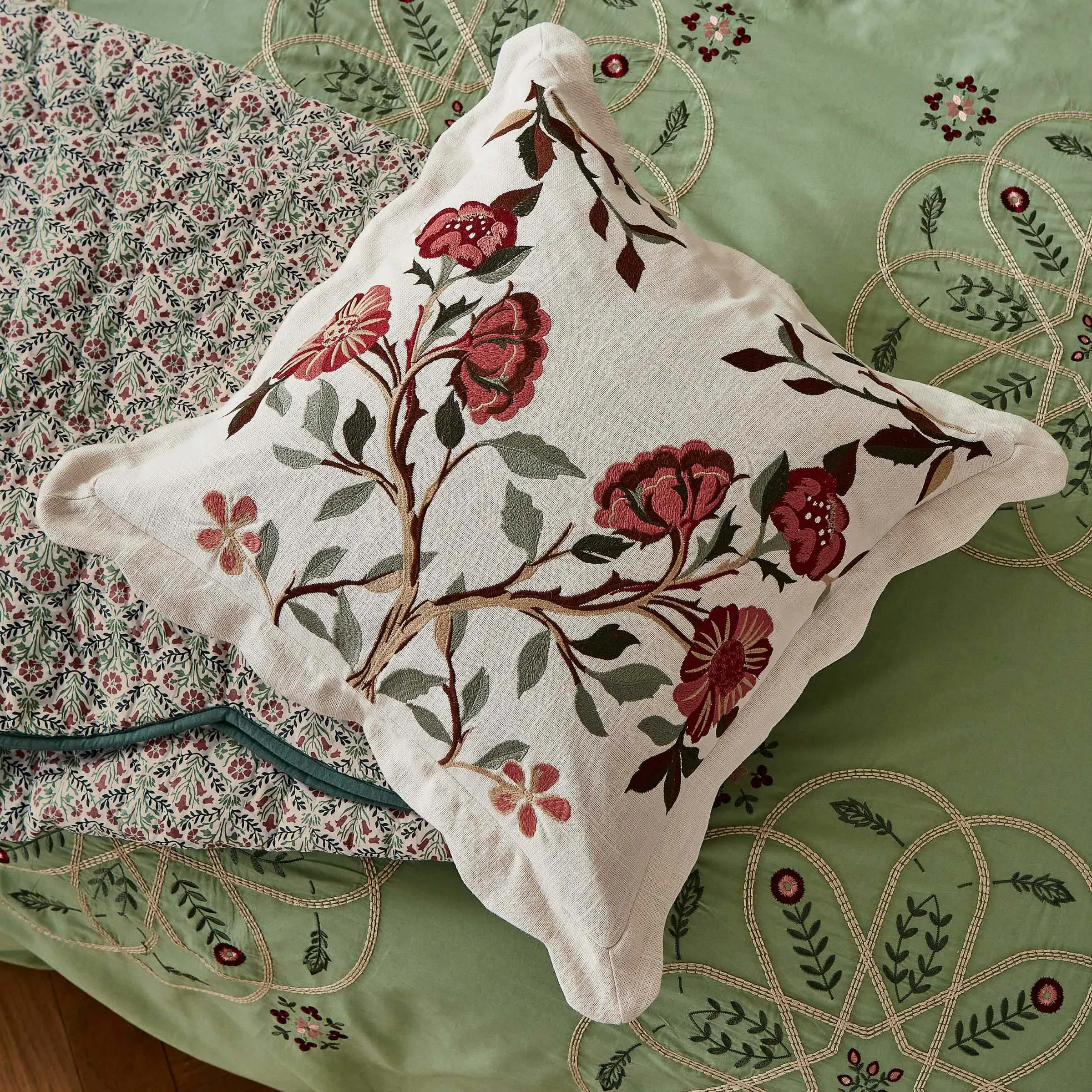 Square Embroidered Cushion 45x45cm - Green, Cotton