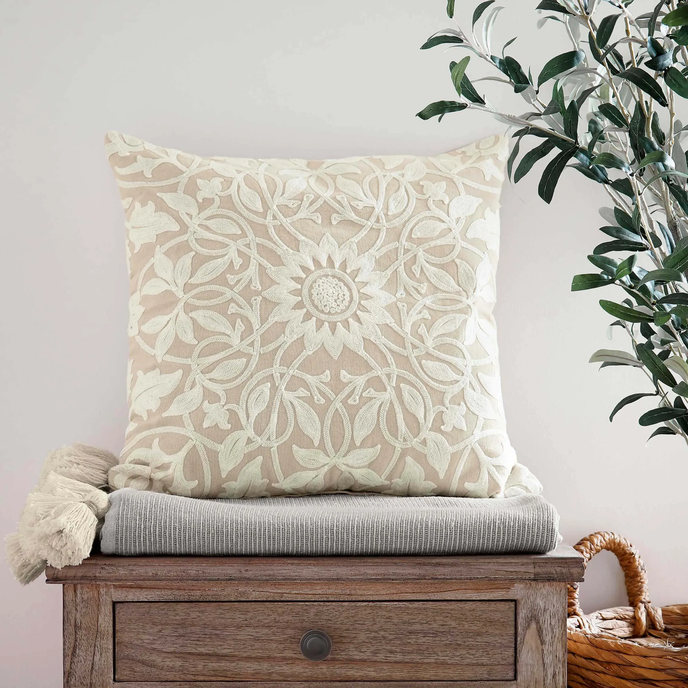 Square Embroidered Cushion - Linen