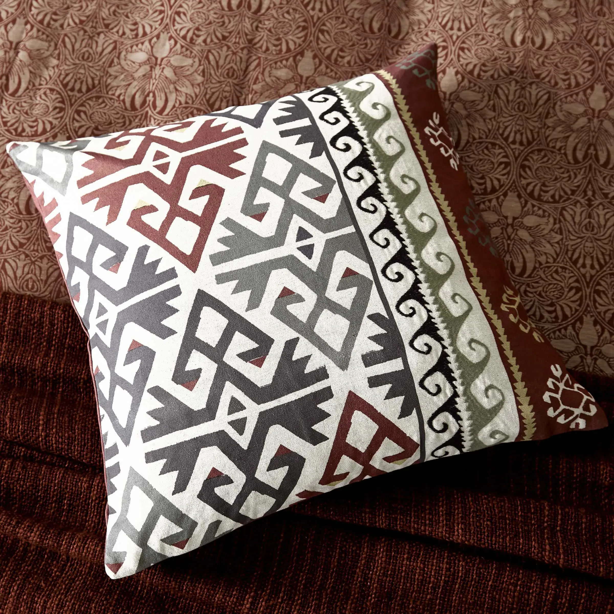 Square Embroidered Cushion - Red, Cotton-Linen