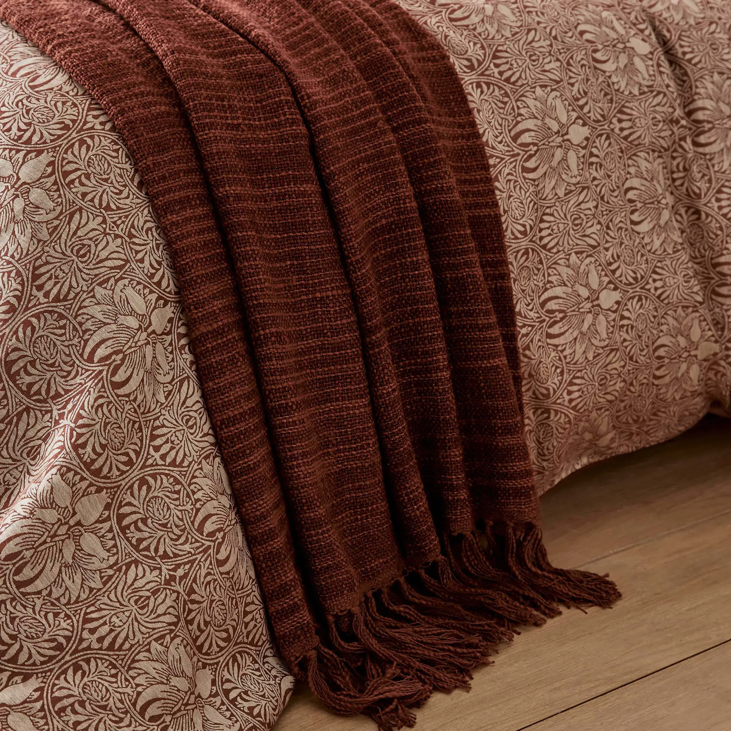 Woven Throw with Floral Pattern - Red, Cotton