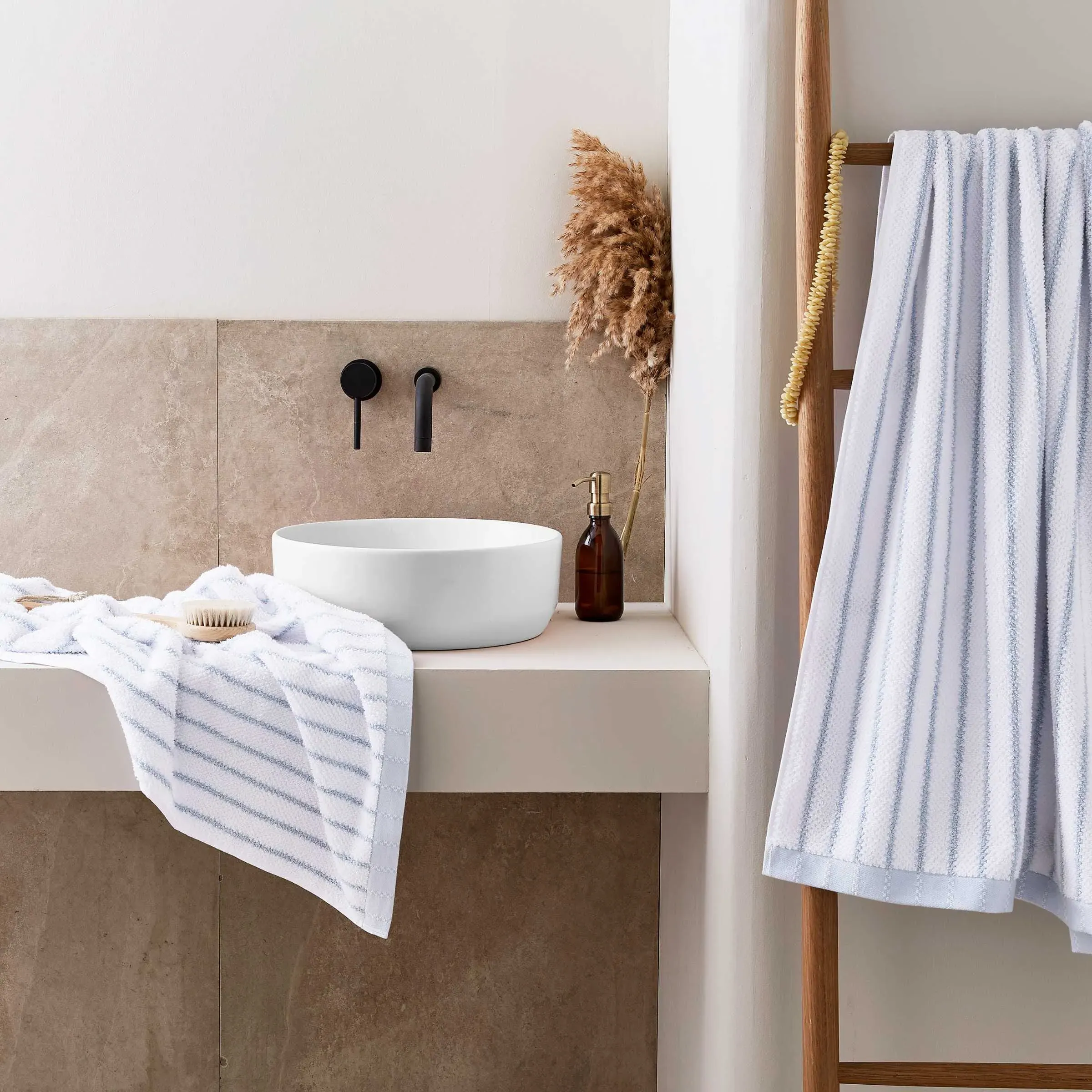 Bath Towel with Striped Hem - Ballintoy Blue, Cotton