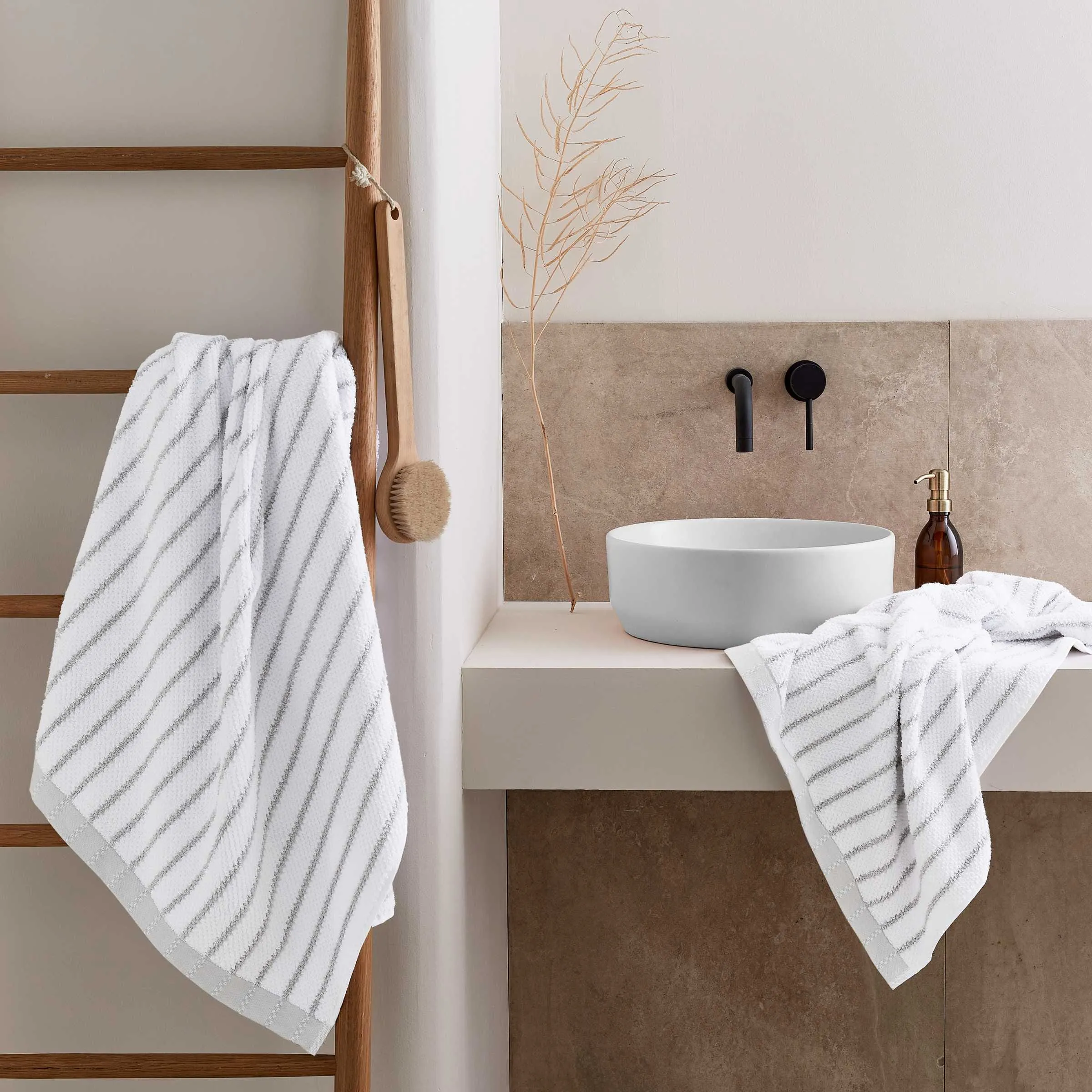 Bath Towel with Striped Hem - Cloud Grey, Cotton