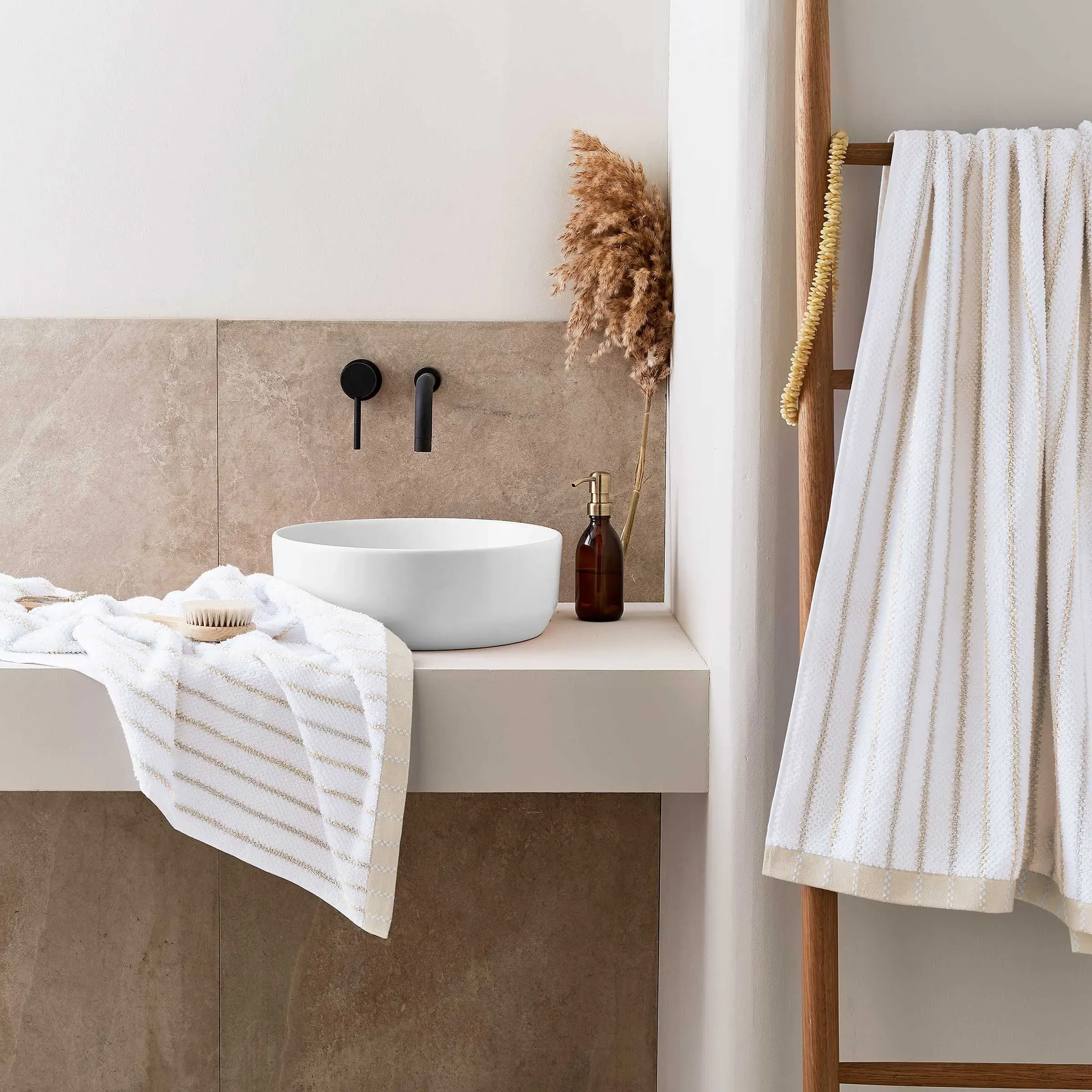 Bath Towel with Striped Hem - Linen, Cotton