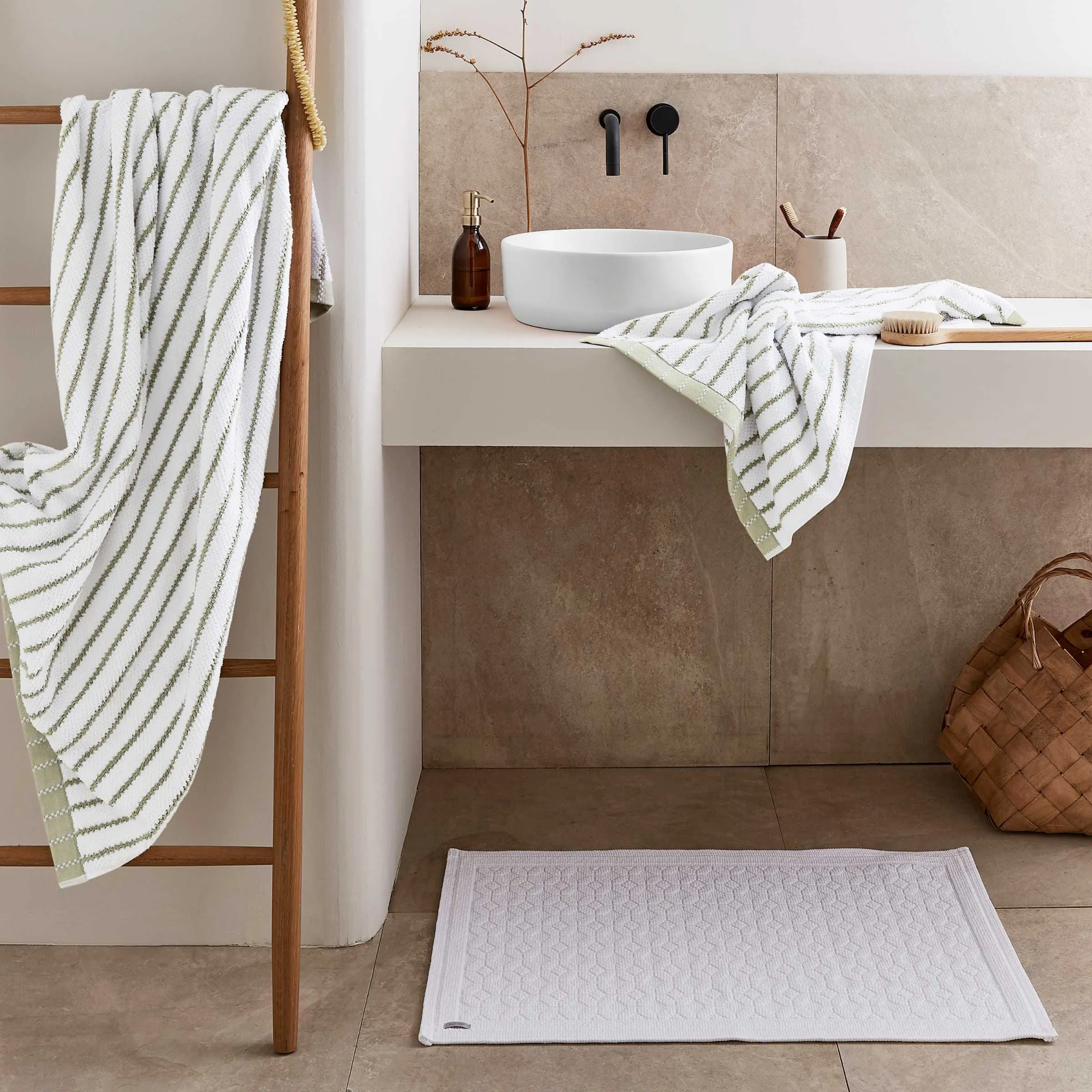 Bath Towel with Striped Hem - Mourne Green, Cotton