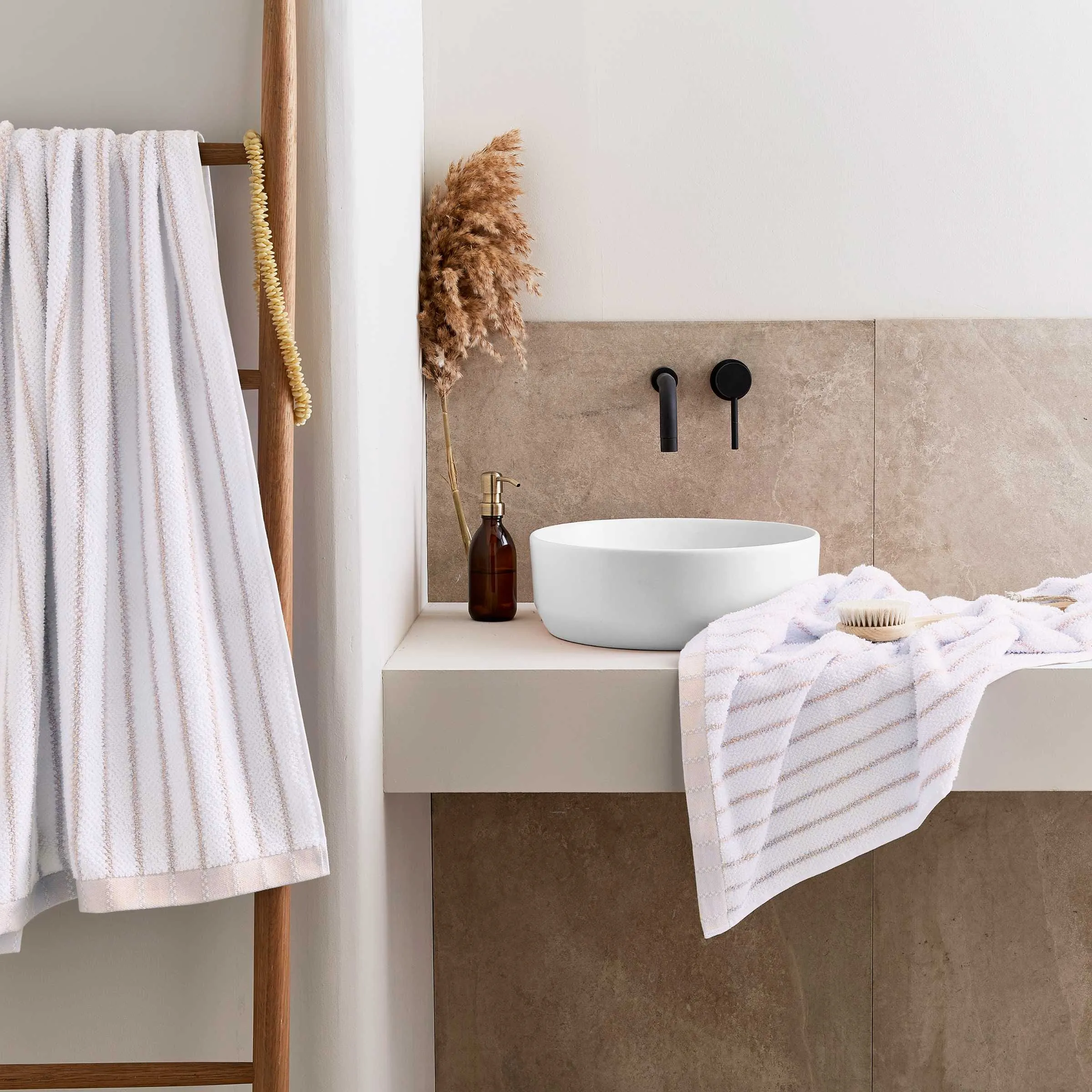 Bath Towel with Striped Hem - Shell Pink, Cotton