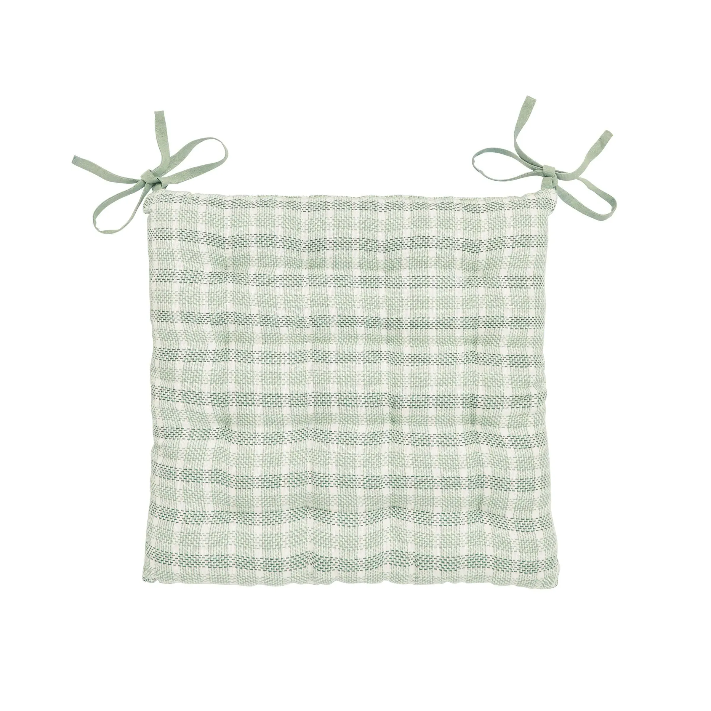 Check Pattern Seat Pad with Ties - Sage, Cotton